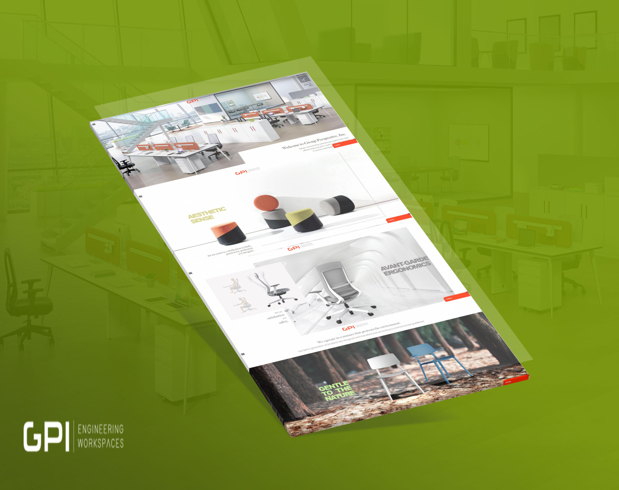 A 3D perspective mockup of a modern website showcasing office furniture, seating, and ergonomic workstations, set against a green office background.