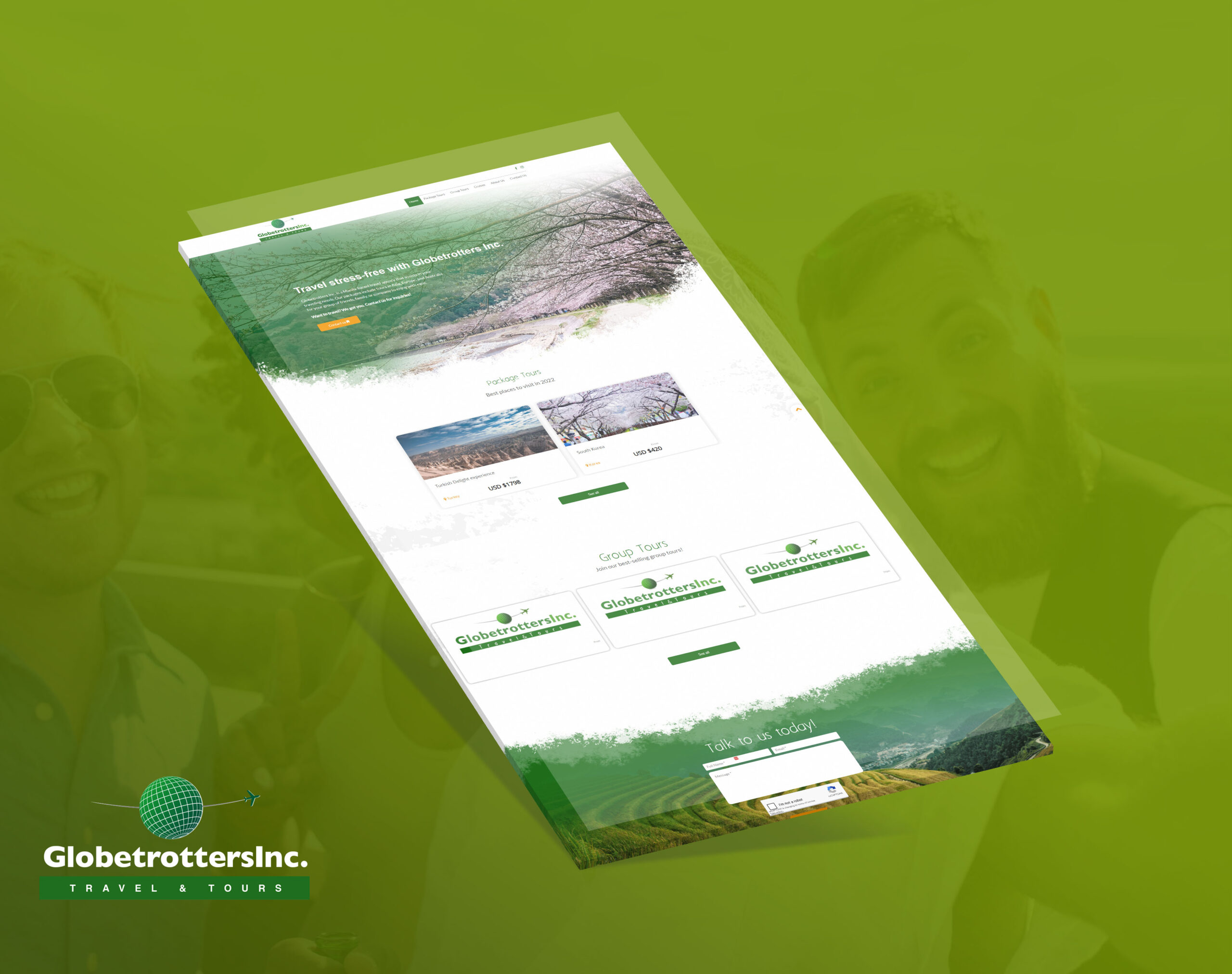 A tilted, 3D mockup of the Globetrotters Inc. travel agency website against a green background with smiling people.