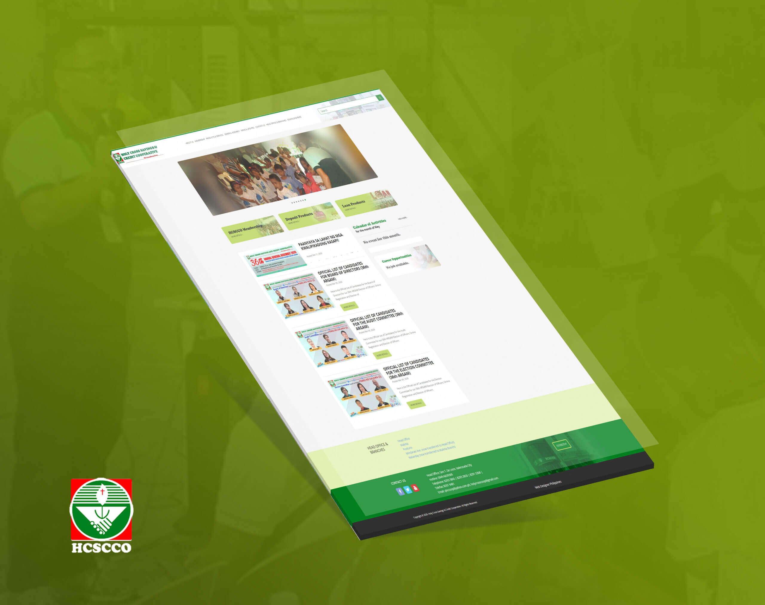 A tilted, angled view of the Holy Cross Savings and Credit Cooperative website homepage, featuring a green and white color scheme with announcements, membership details, and contact info.