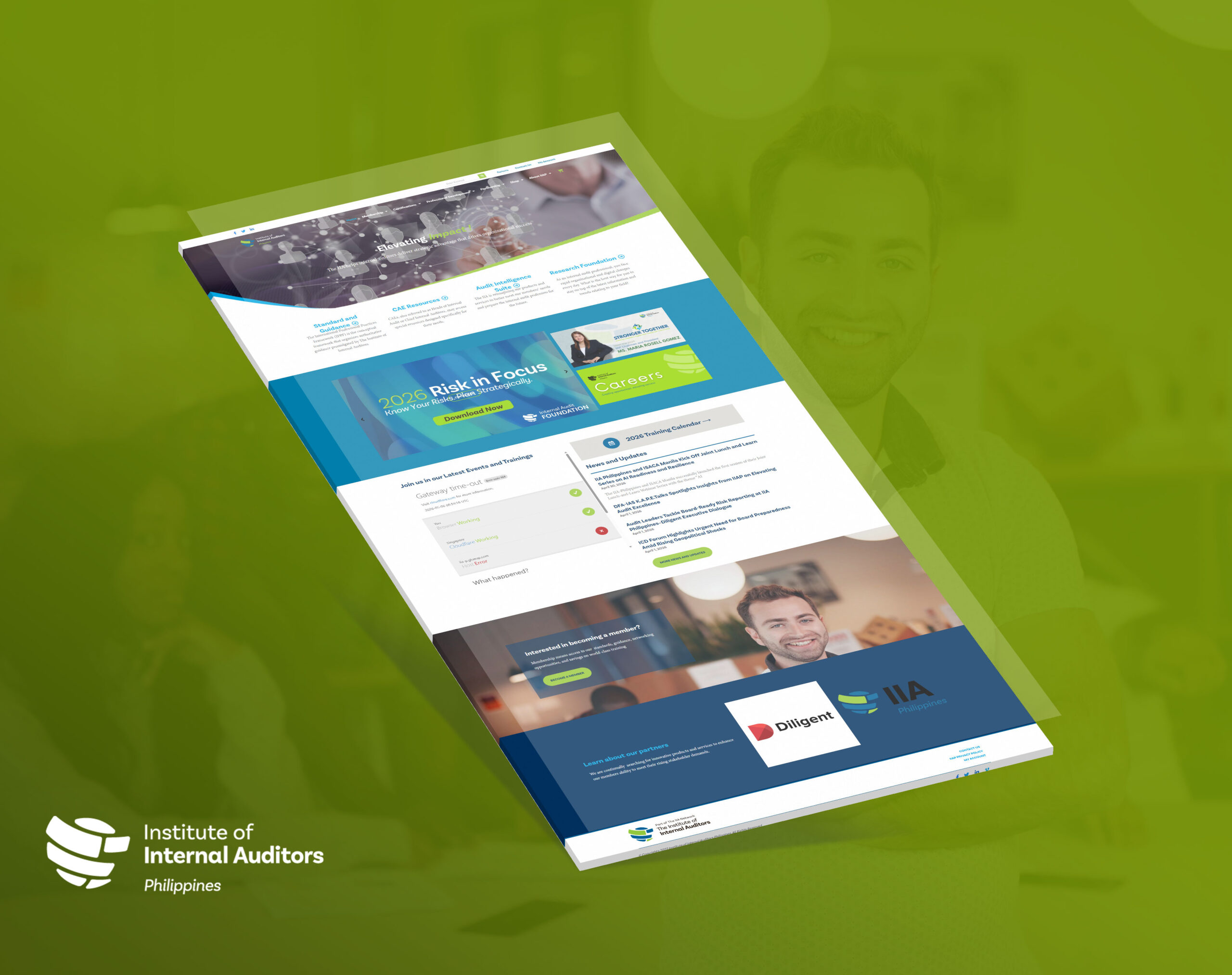 A tilted mockup of the Institute of Internal Auditors Philippines website homepage against a green background, featuring a blue and white color scheme with sections for resources, events, and news.