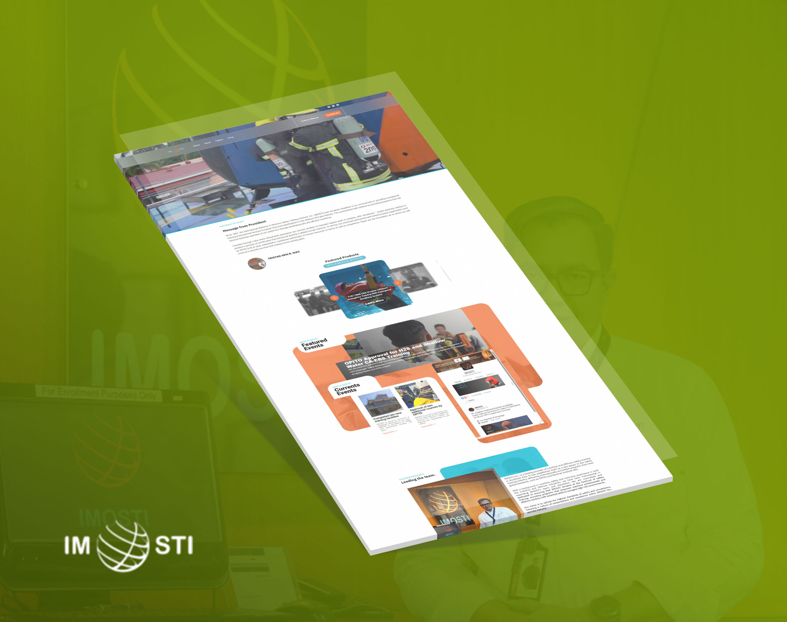 A 3D perspective mockup of the Imosti website homepage on a solid green background, showing various sections including a message from the president, featured products, events, and leadership info.