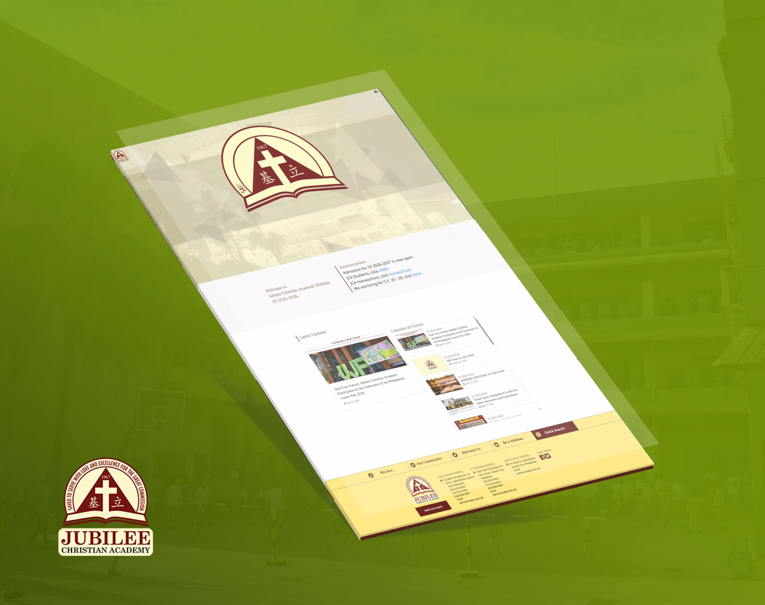 An angled view of Jubilee Christian Academy's website against a blurred green background, featuring its logo, announcements, and event updates.