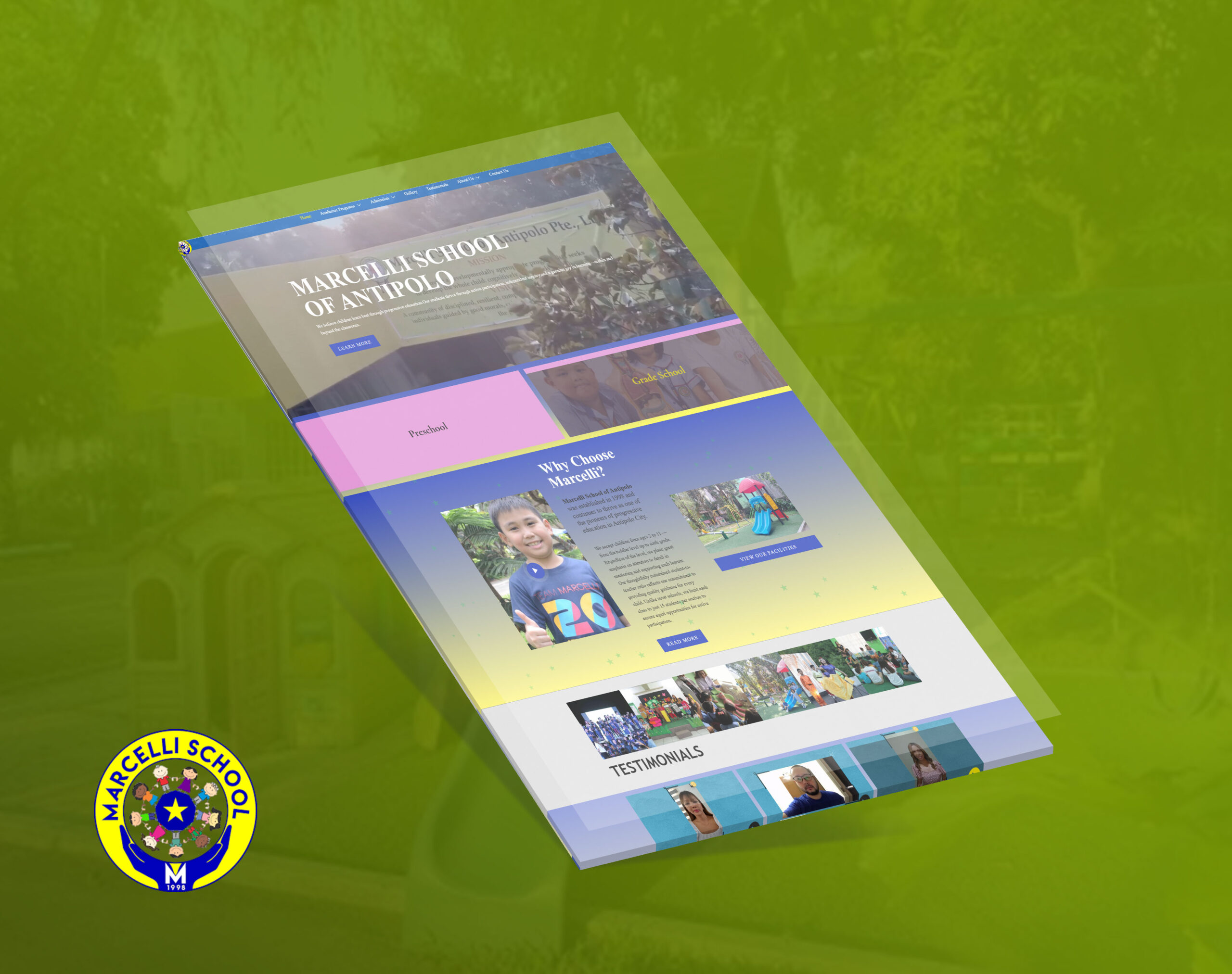 An angled screenshot of the Marcelli School of Antipolo website displayed over a green background, accompanied by the school's circular logo in the bottom-left corner.