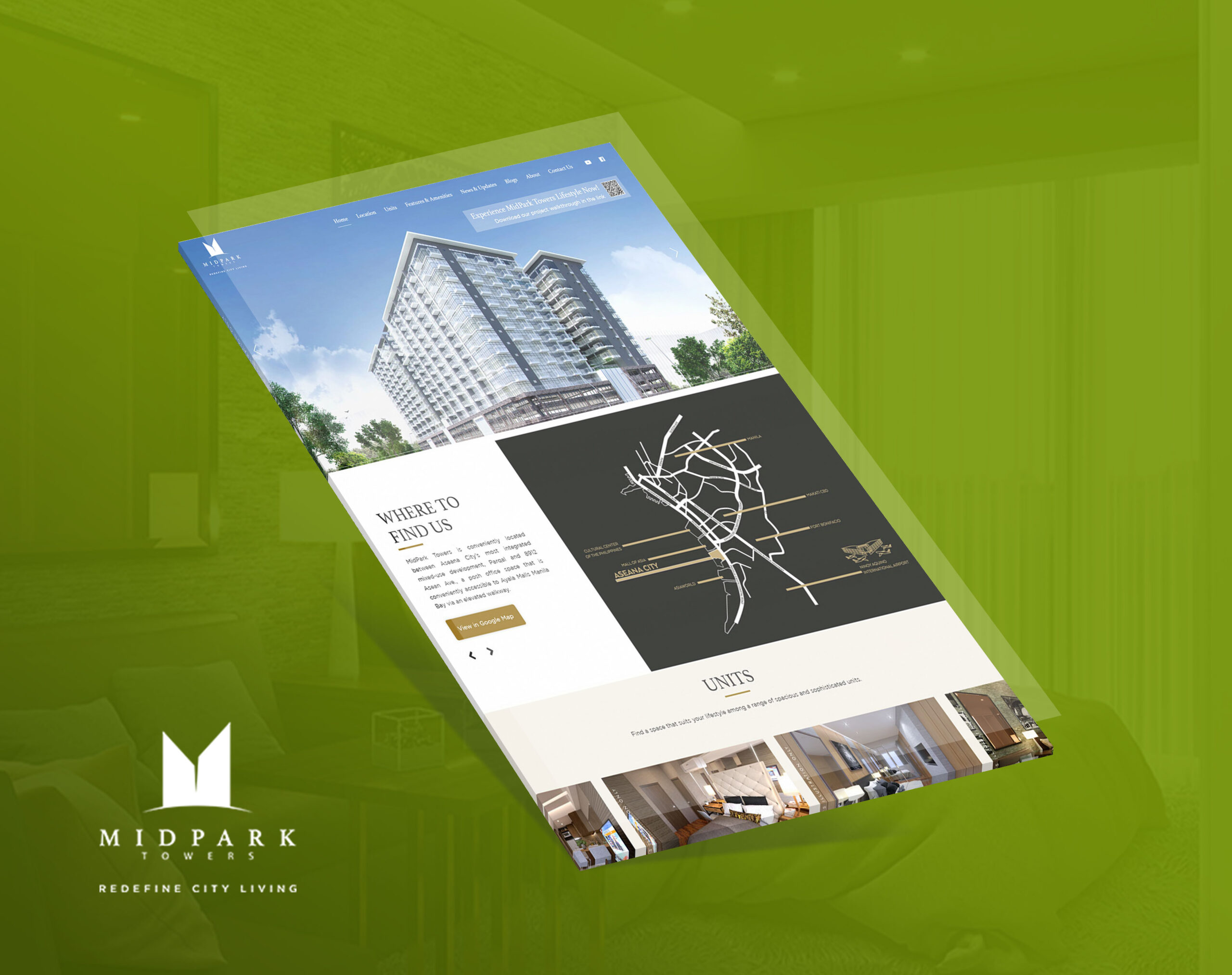 An angled view of the Midpark Towers website displayed on a screen, featuring the building's exterior, a location map, and a text logo at the bottom.