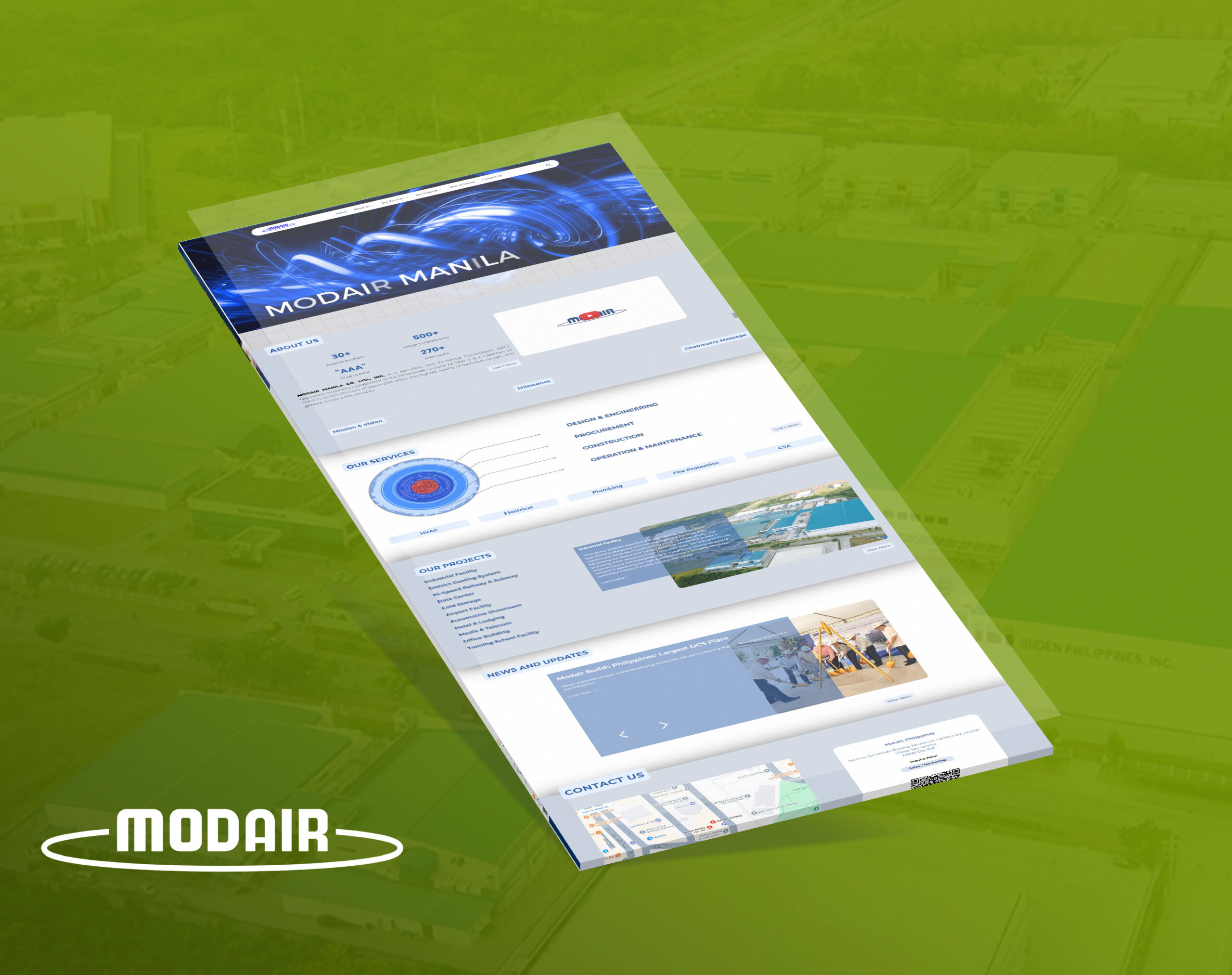 A tilted view of a laptop screen displaying the homepage of the Modair Manila website against a blurred green background.