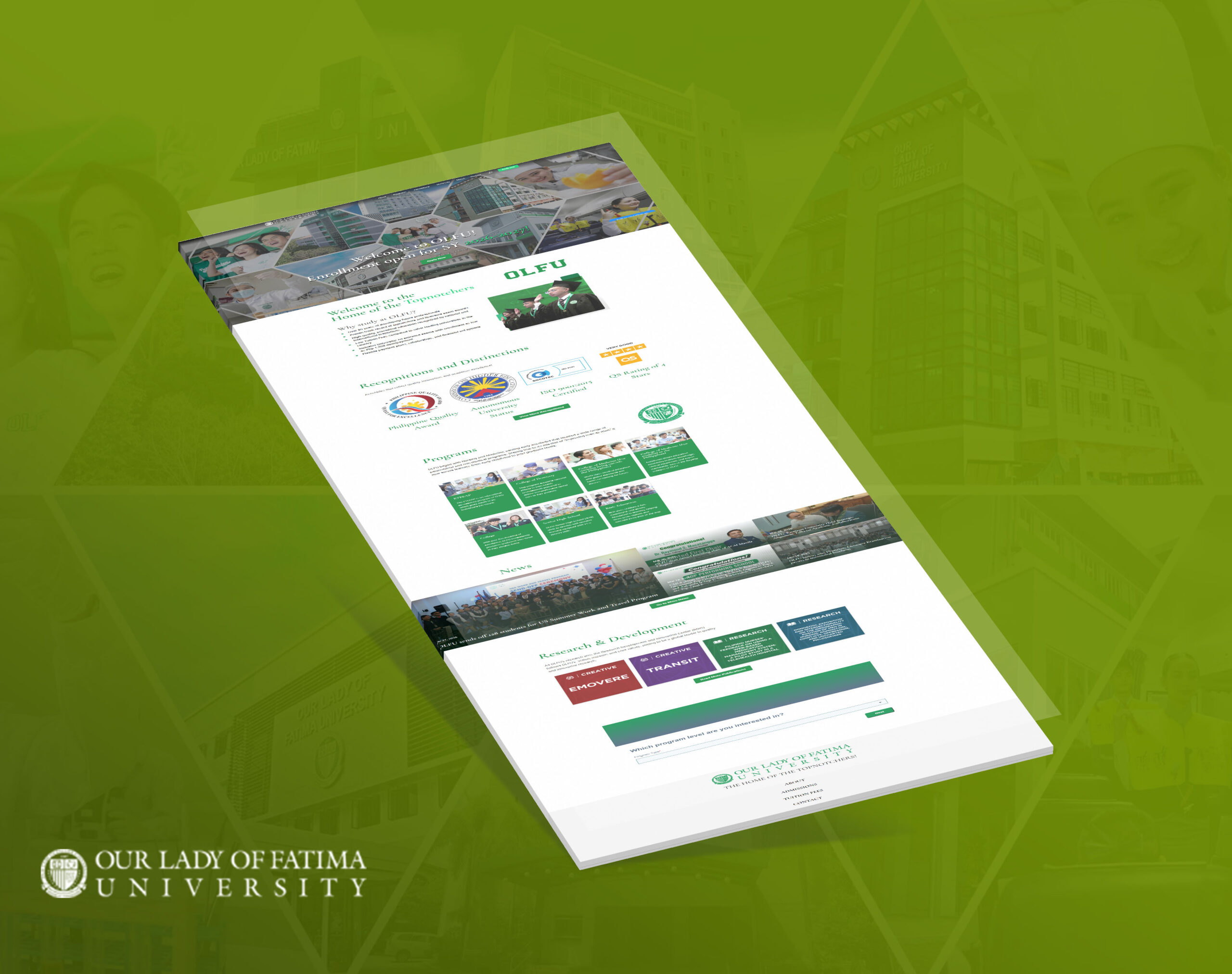 A tilted, stacked mockup of the Our Lady of Fatima University (OLFU) website homepage against a green background.