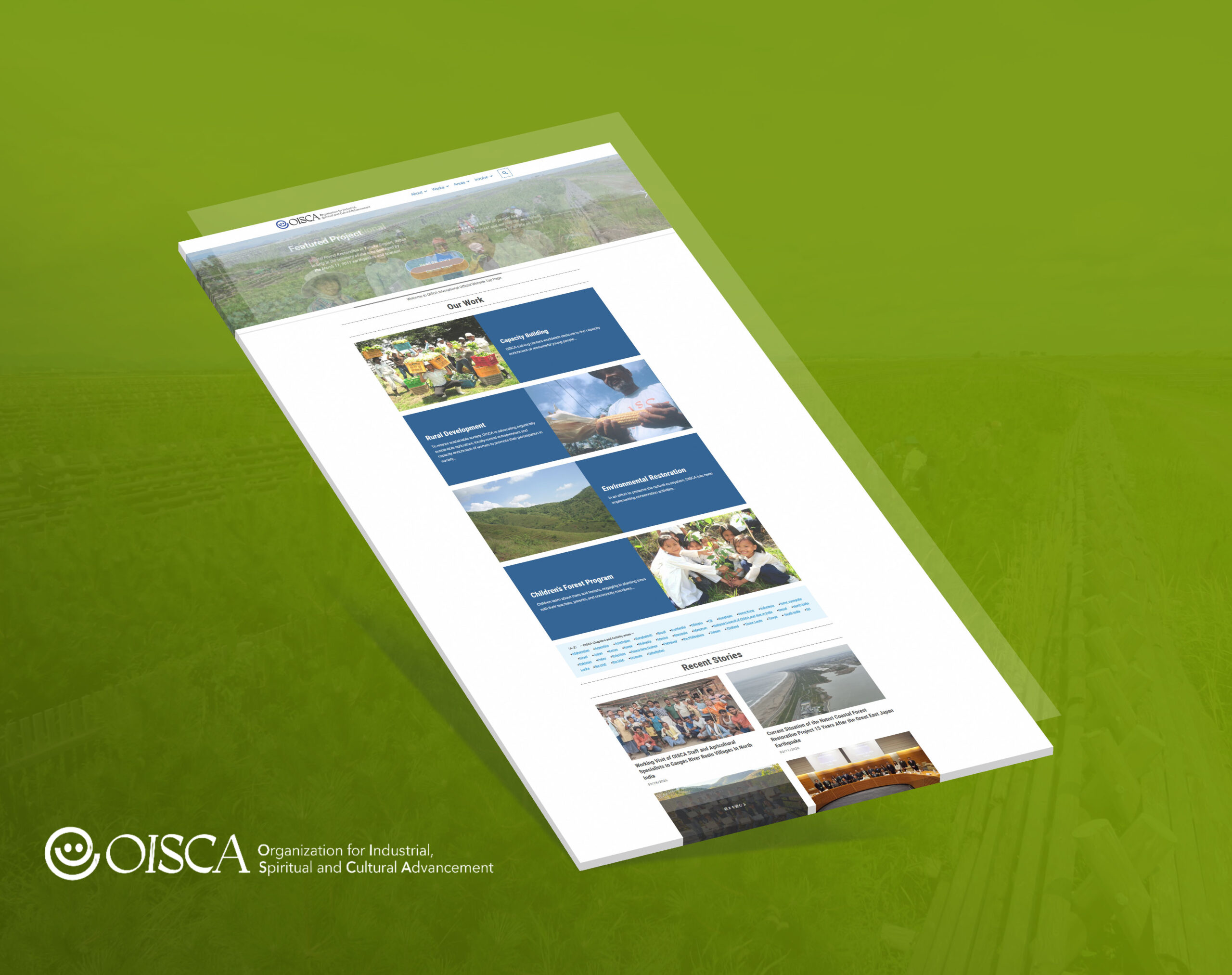 A tilted 3D mockup of the OISCA website homepage on a green background, showing sections for Capacity Building, Rural Development, Environmental Restoration, and the Children's Forest Program.