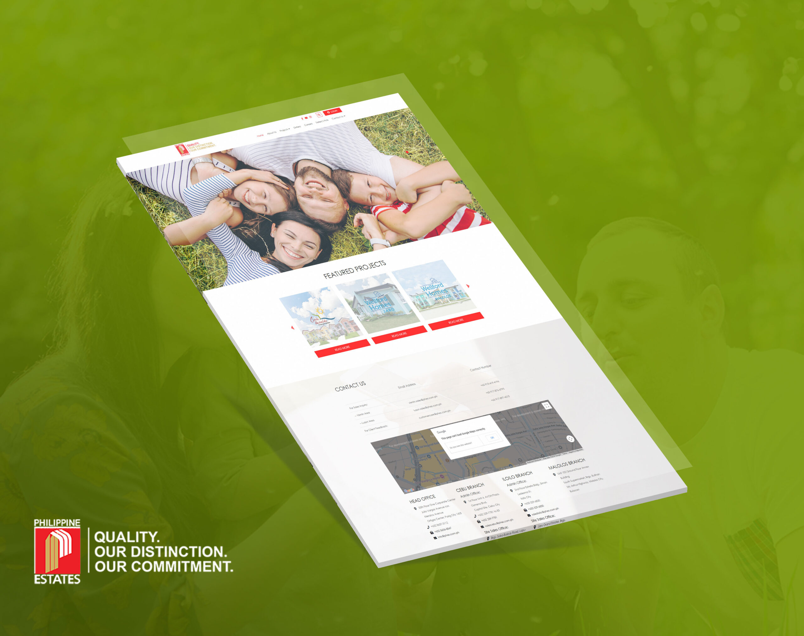 A mockup of the Philippine Estates website displaying a family on grass, featured projects, and contact information, set against a green background.