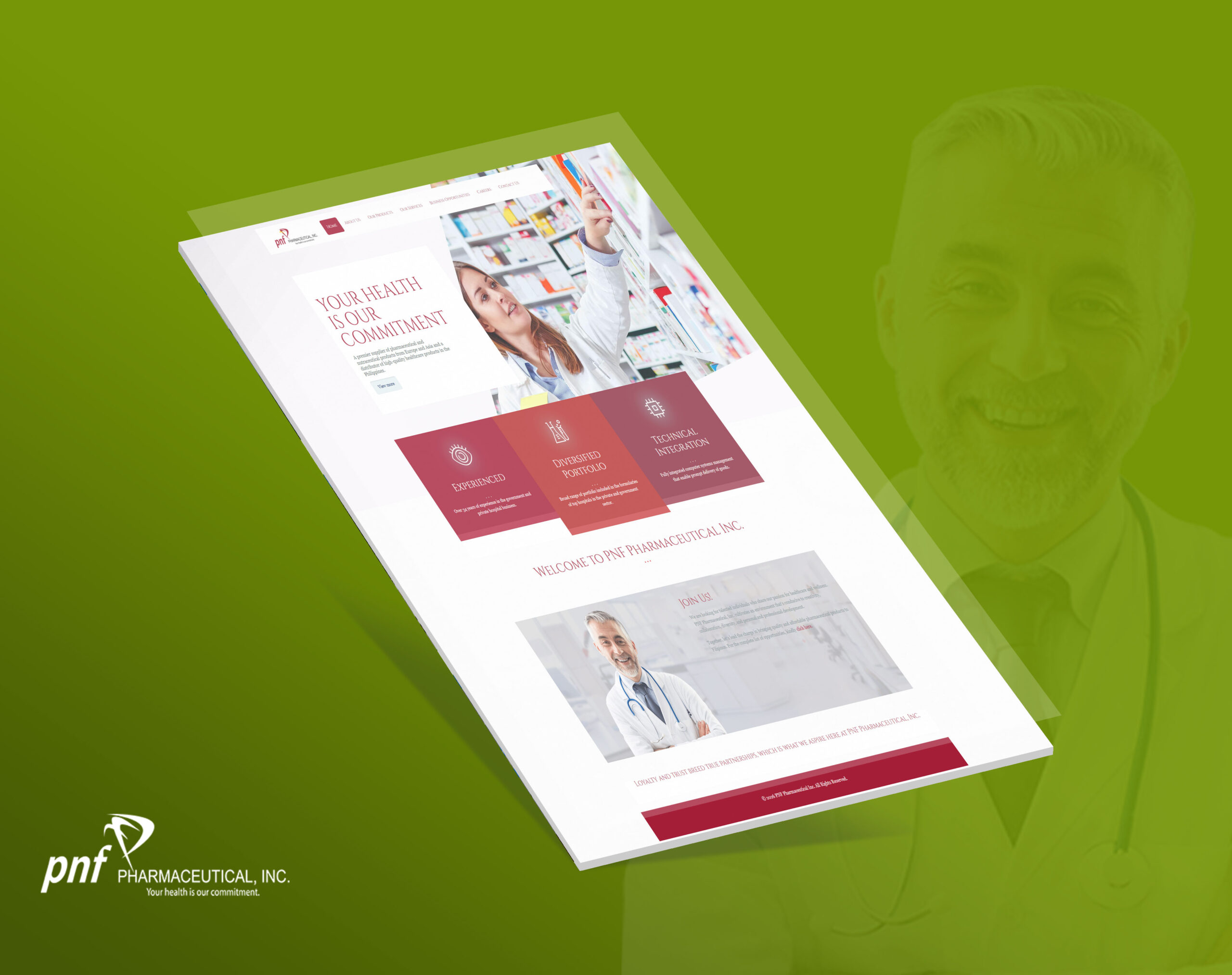 A mockup of the PNF Pharmaceutical website displayed at an angle against a green background with a faint image of a doctor.