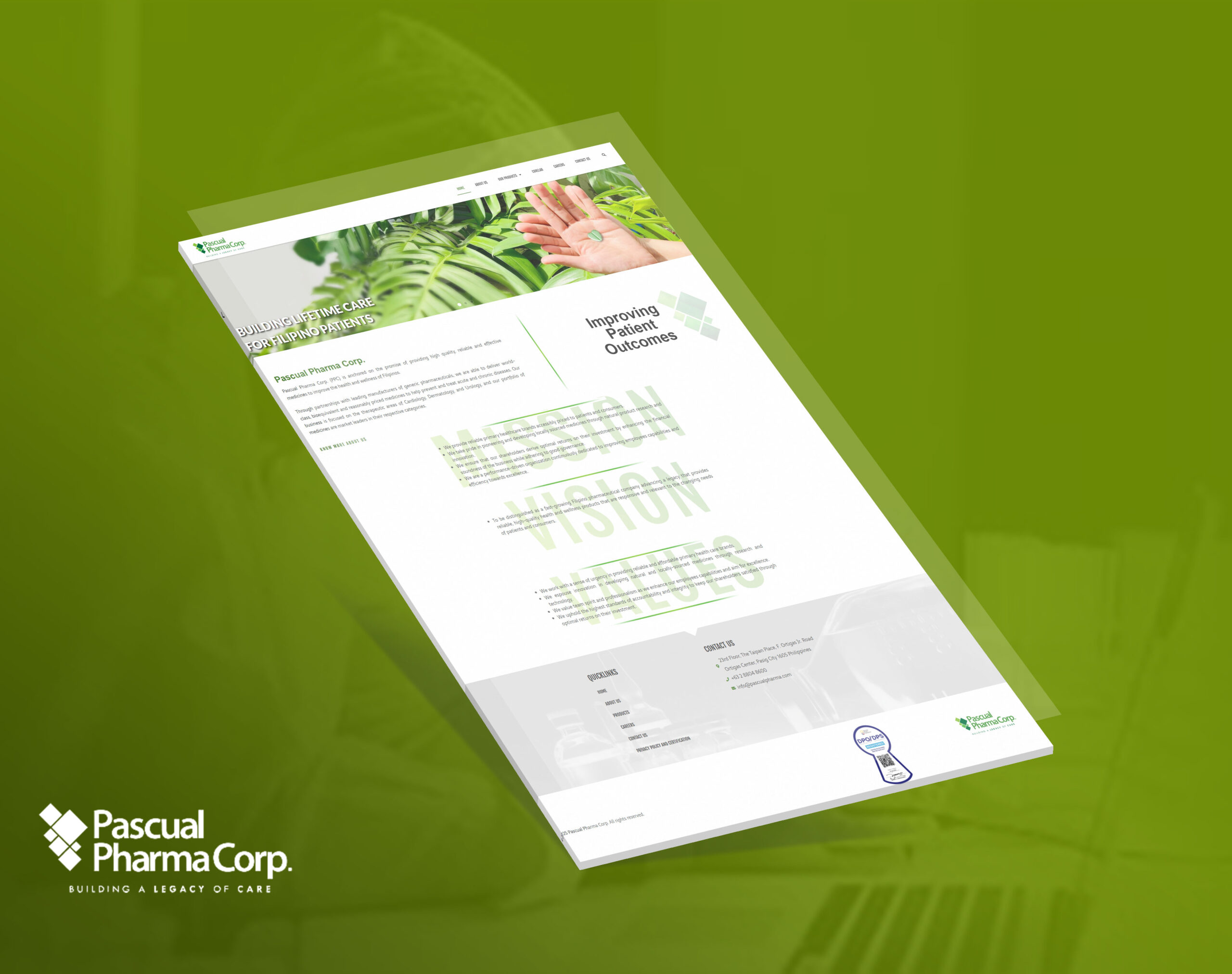 A tilted webpage mockup of the Pascual Pharma Corp website is displayed against a solid green background.