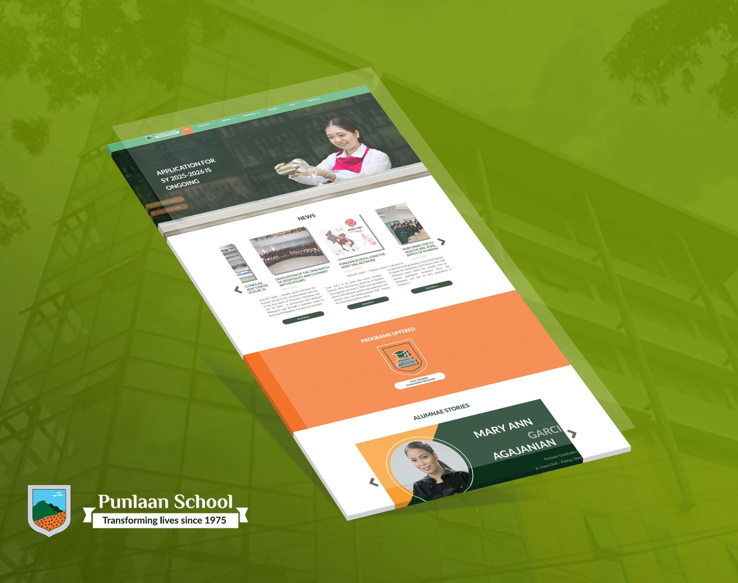 A mock-up of the Punlaan School website shown at an angle against a green background, highlighting its homepage sections including news, programs offered, and alumnae stories.