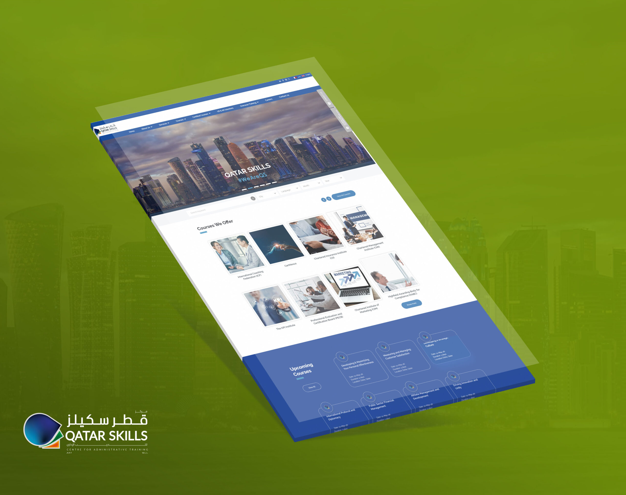 A mock-up of the Qatar Skills website displayed at an angle against a green background, showing the homepage with course offerings and a city skyline banner.