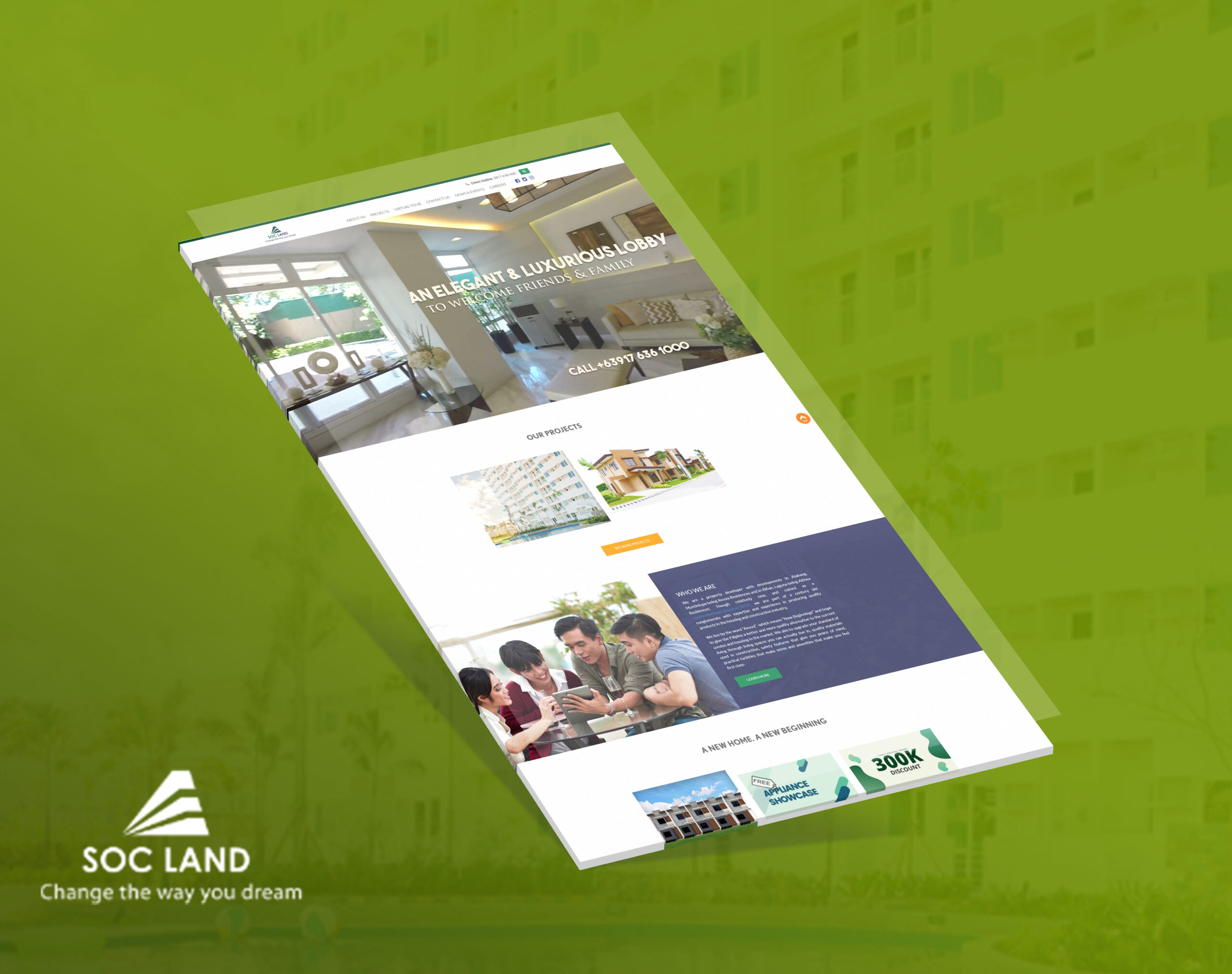 A angled view of the SOCLAND website homepage on a green background, featuring a modern luxury lobby image, project highlights, and company information.