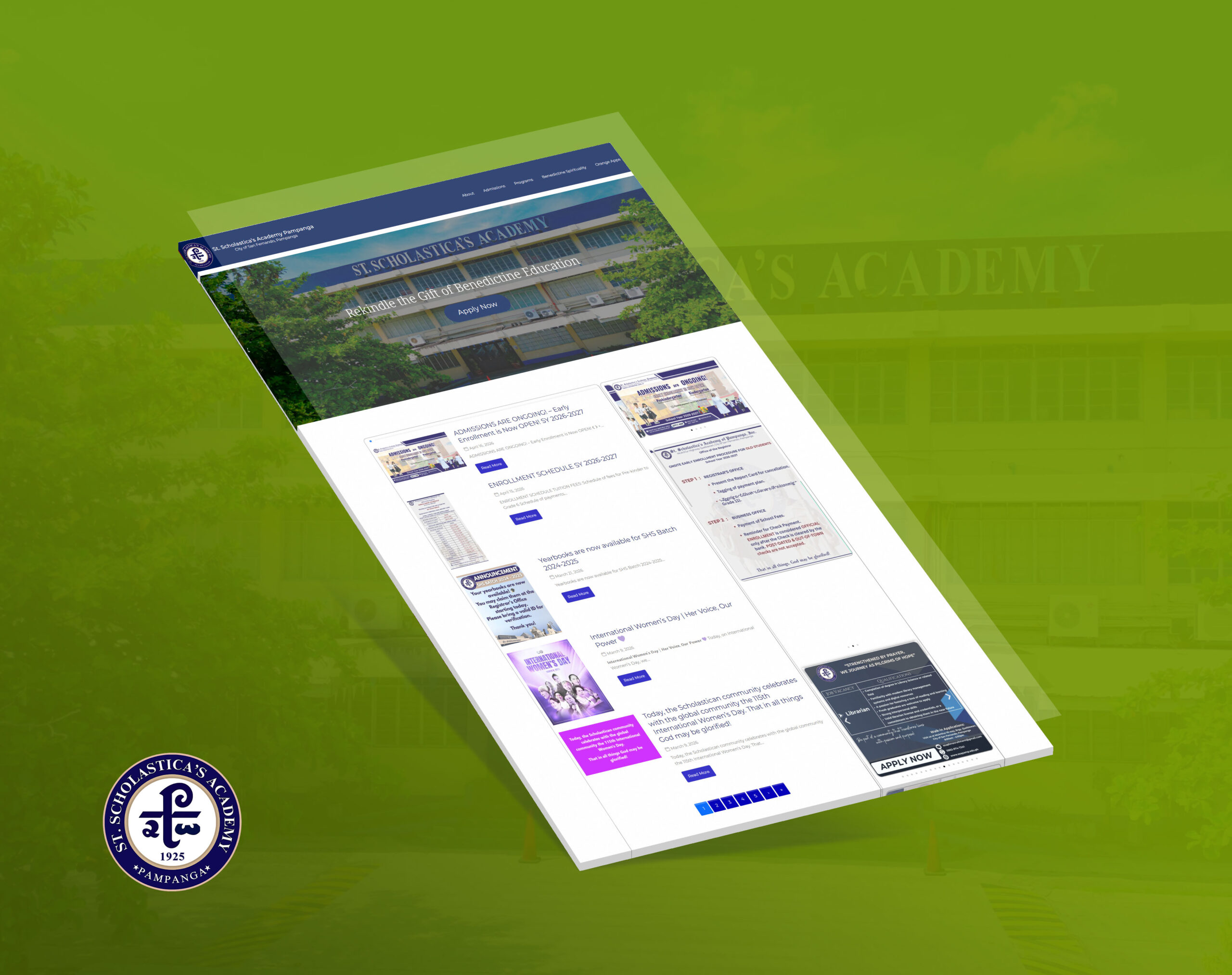 A tilted mockup of St. Scholastica's Academy webpage against a green background, with the school's circular logo in the bottom left corner.