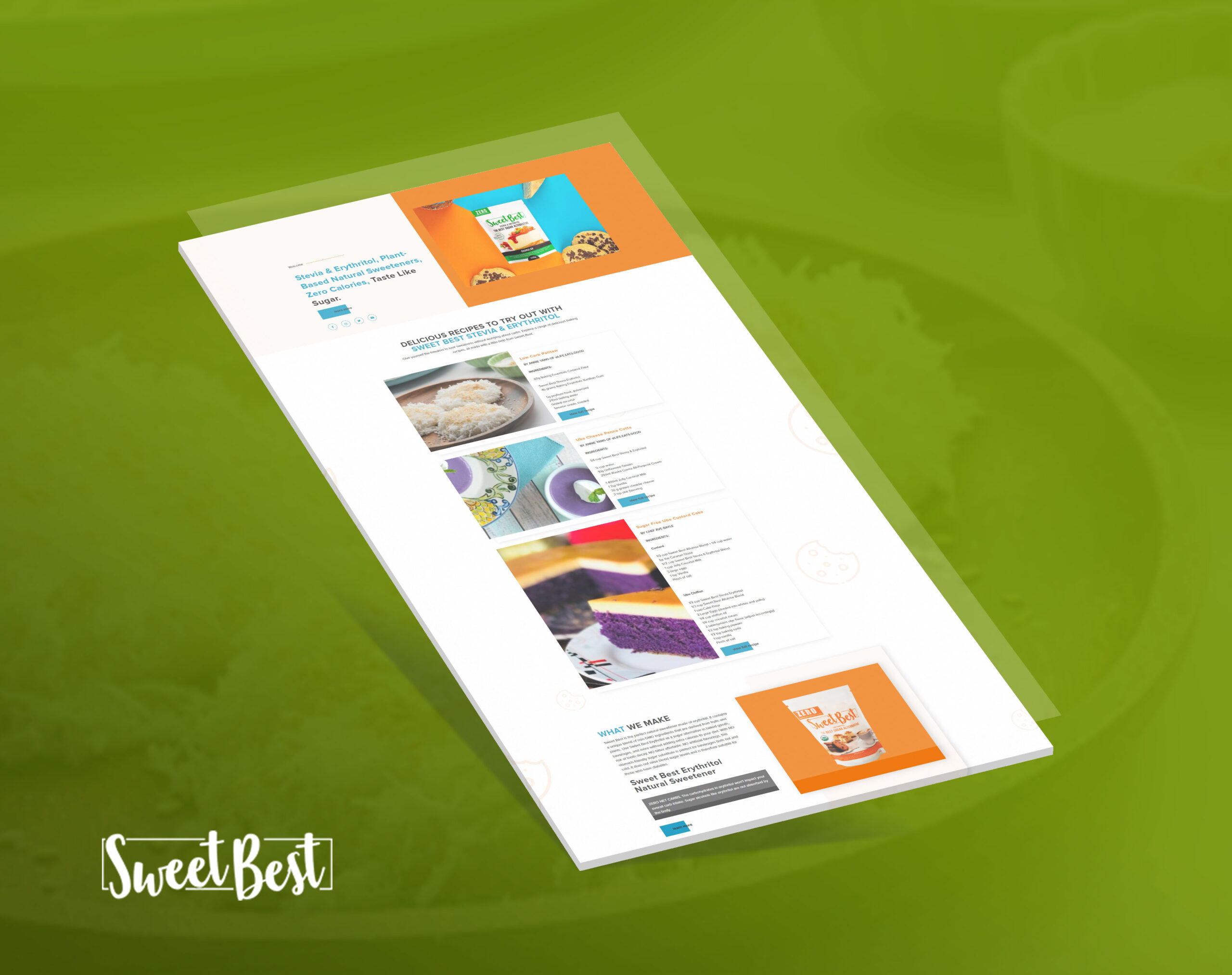 A mockup of a website for Sweet Best, a plant-based natural sweetener, featuring product info, recipes, and ingredients on a green background.