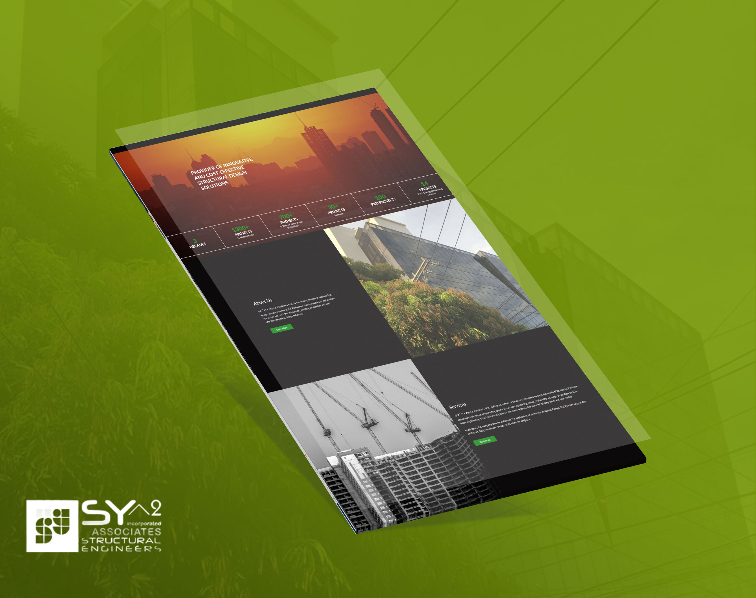 A tilted, stylized screenshot of the SY^2 Associates Incorporated Structural Engineers website homepage against a green background, showing statistics, "About Us," and "Services" sections.