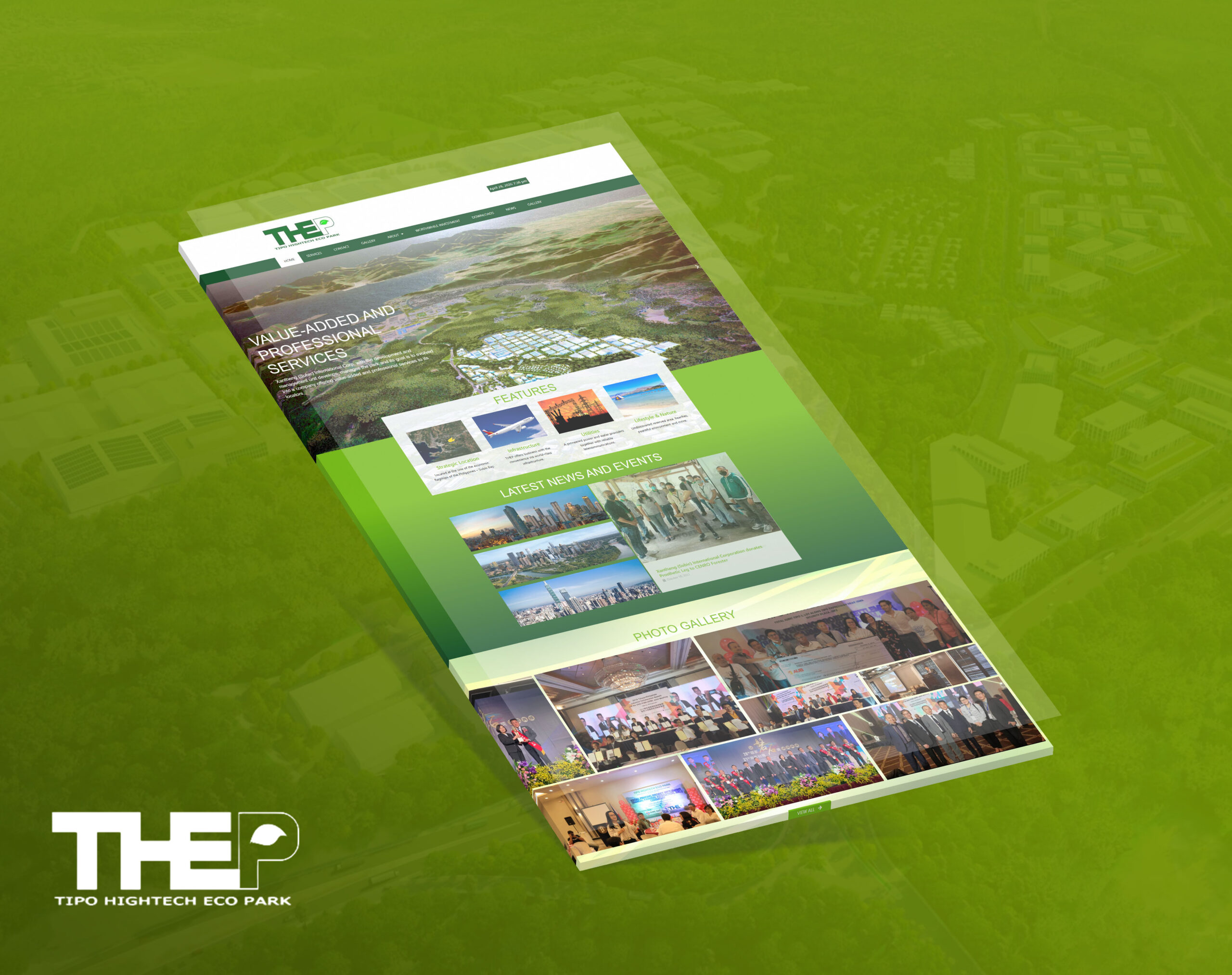A angled screenshot of the TIPO Hightech Eco Park website, featuring green accents, value-added services, features, latest news, and a photo gallery, set against a green background with a blurred aerial landscape.