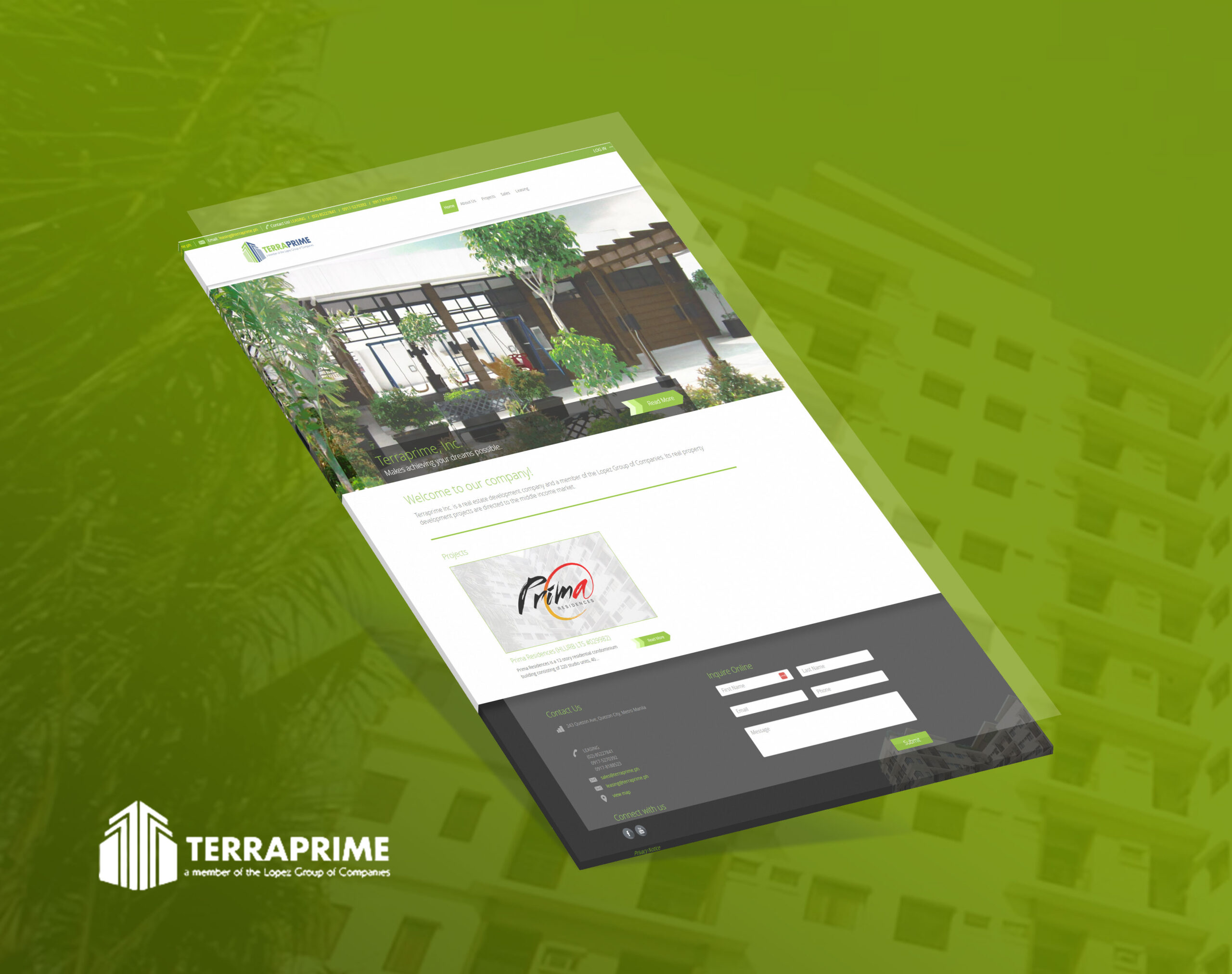 A slanted desktop mockup of the Terraprime website on a green background, featuring a real estate company homepage with a large banner, intro text, a project preview, and a contact form.