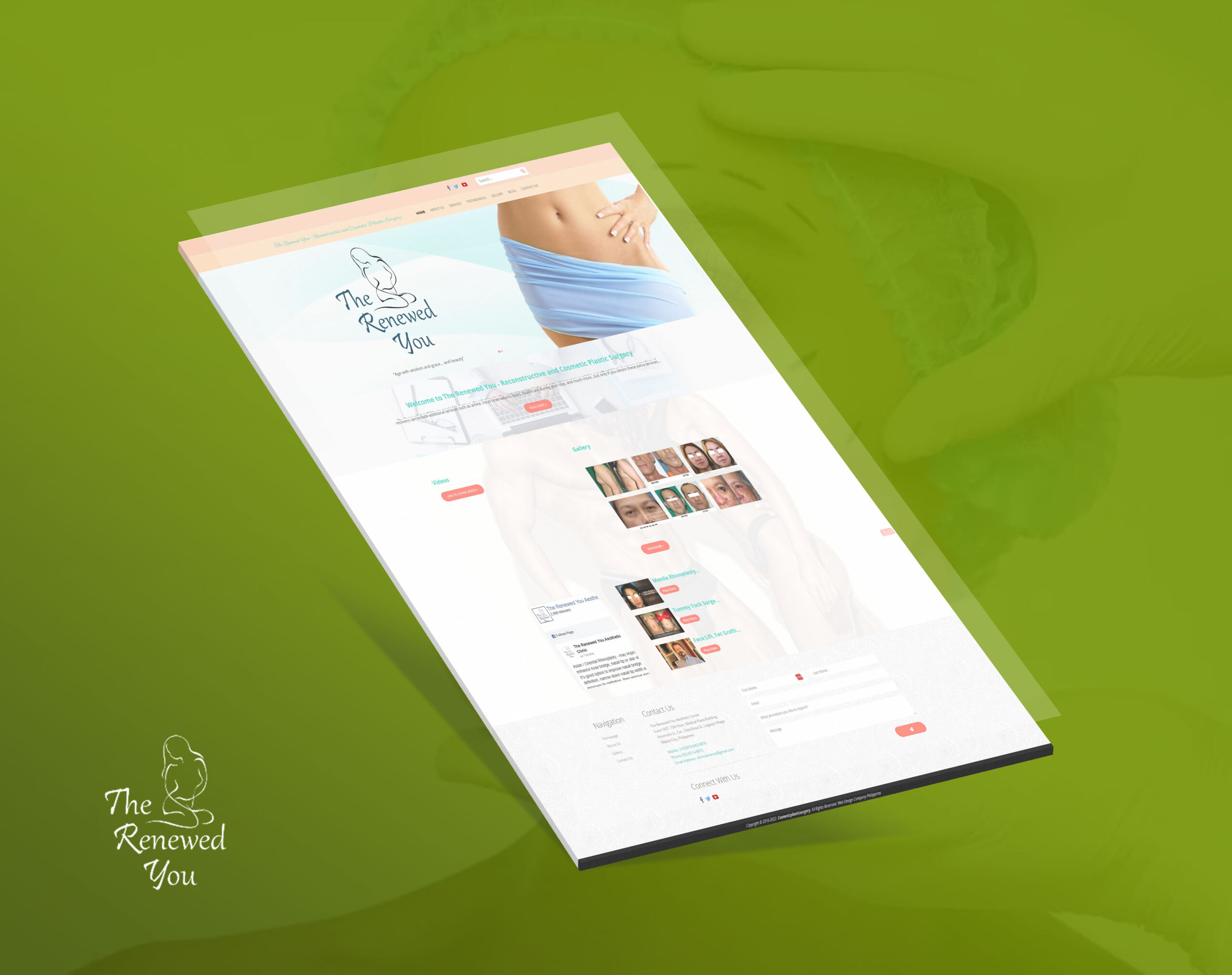 An angled mockup displays the homepage of The Renewed You website against a solid green background, featuring a light blue header, a logo, and sections for gallery images, videos, and contact information.