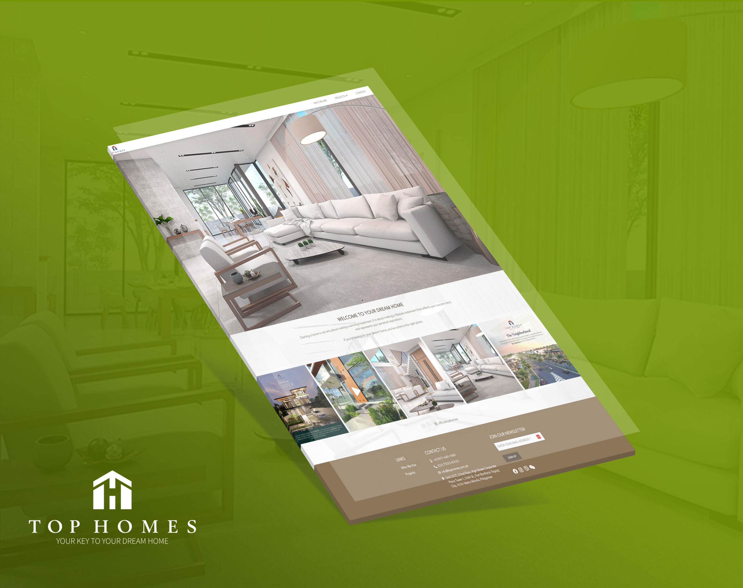 A tilted webpage mockup of Top Homes set against a green interior background, featuring a modern living room image, project thumbnails, and contact information.