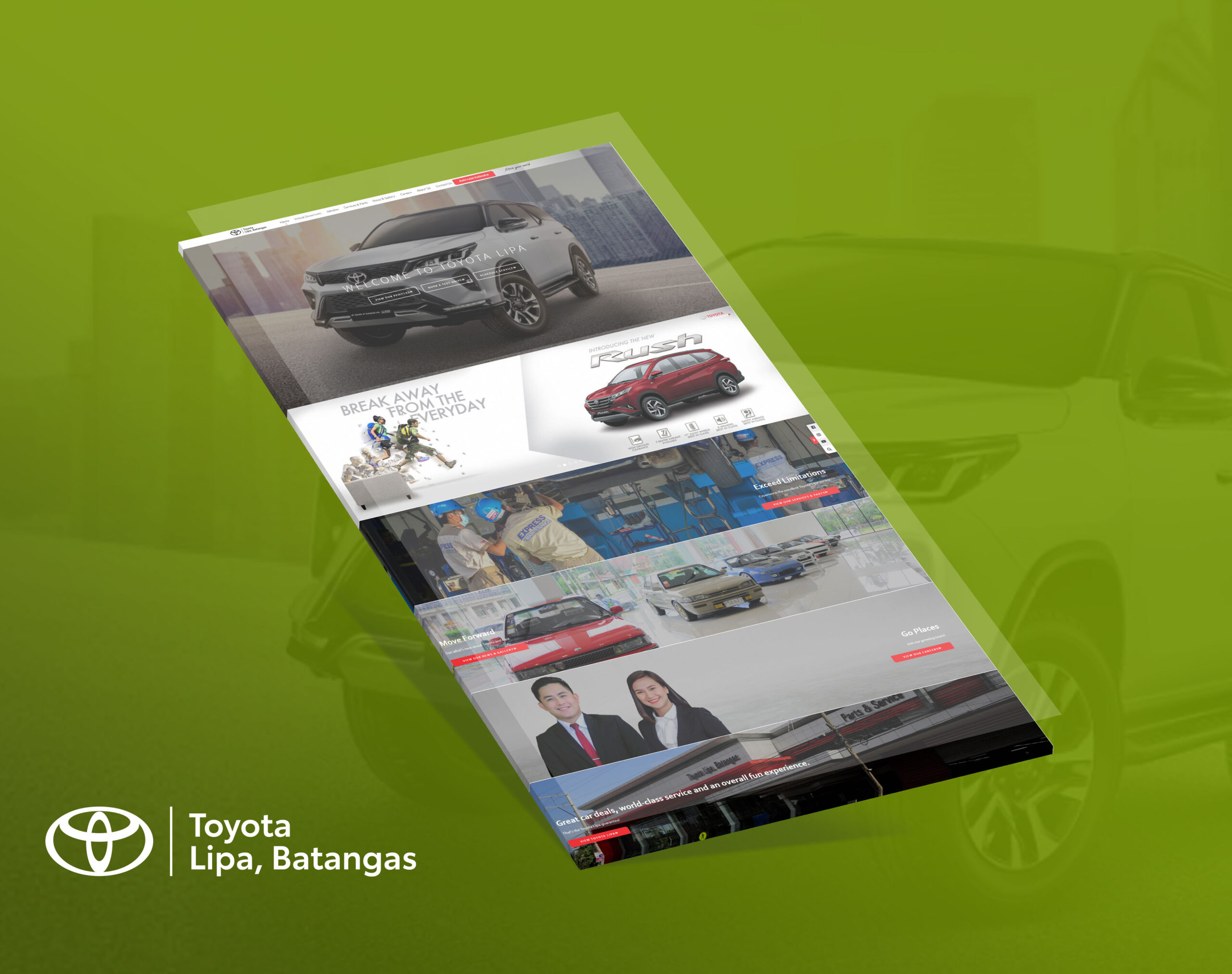 A angled view of the Toyota Lipa, Batangas website homepage on a green background.
