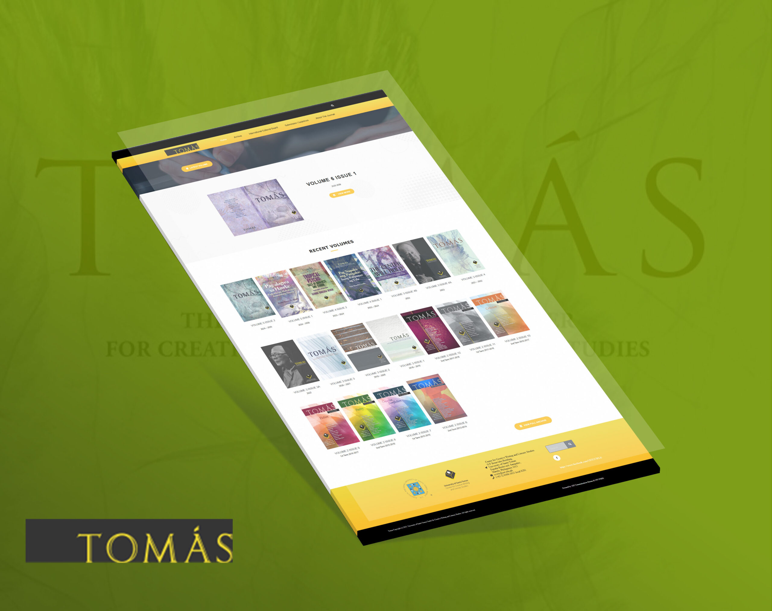An angled screenshot of the TOMAS literary journal website, displaying the homepage featuring recent volumes and publication covers against a green background.