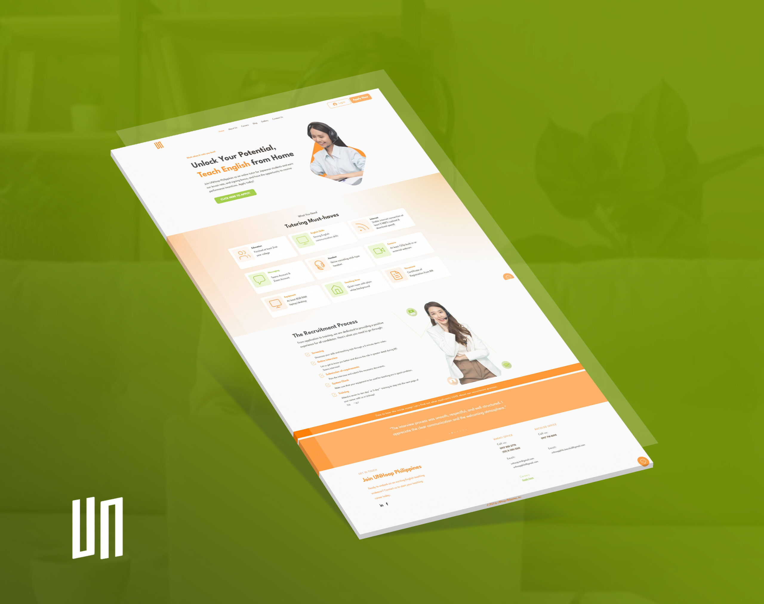 A tilted 3D mockup of the Unhoop Philippines website, featuring an online English teaching recruitment landing page with white and orange design elements.