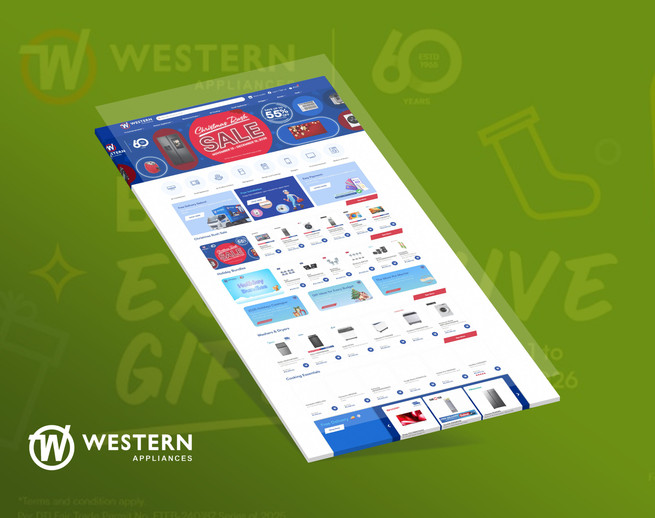 An angled screenshot of the Western Appliances e-commerce website, featuring a "Christmas Rush SALE" banner and various appliances on sale against a green branded background.