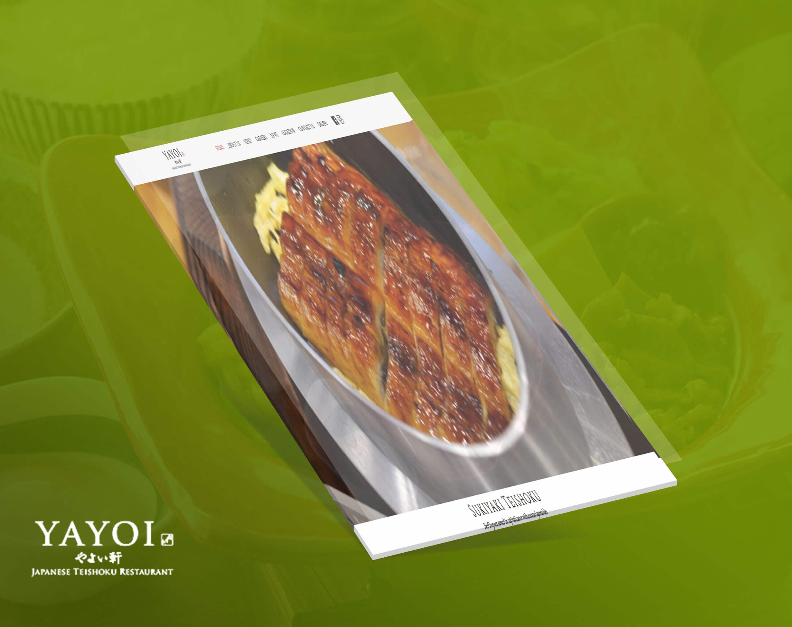 A 3D perspective of the Yayoi Japanese Teishoku Restaurant website showing a photo of a sukiyaki teishoku meal on an oval dish.