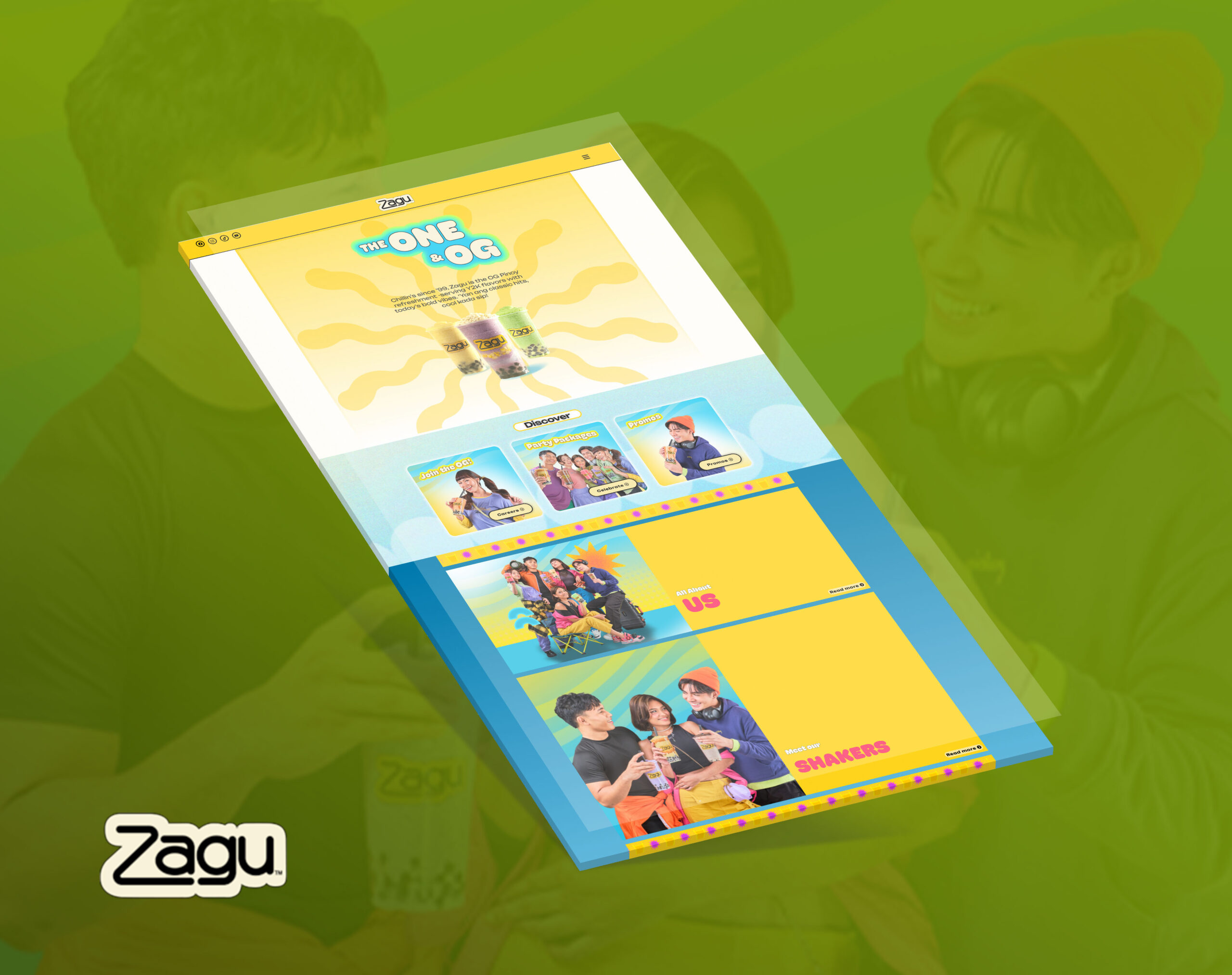 A 3D perspective mockup of the colorful Zagu website displayed against a vibrant green background, featuring promotional banners, product images, and vibrant sections highlighting the brand's identity.