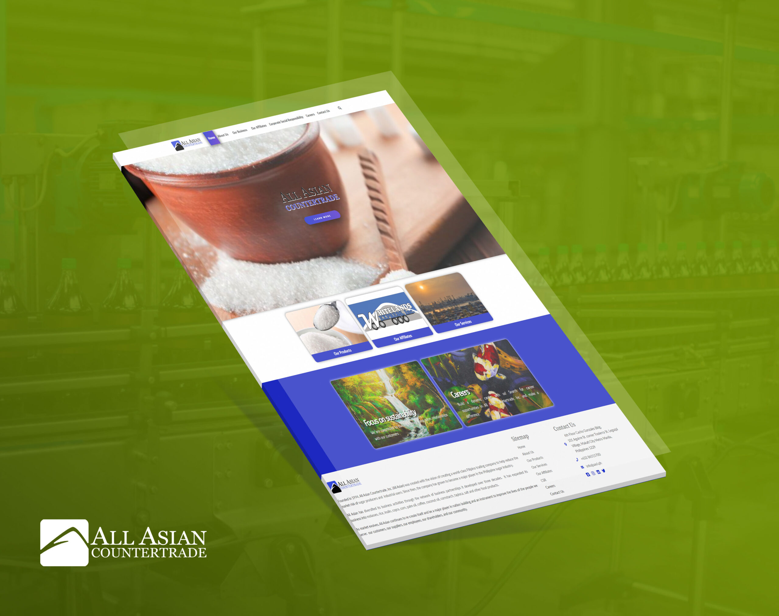 A tilted mockup of the All Asian Countertrade website against a green industrial background, showing the homepage with a bowl of sugar, product links, and company info.