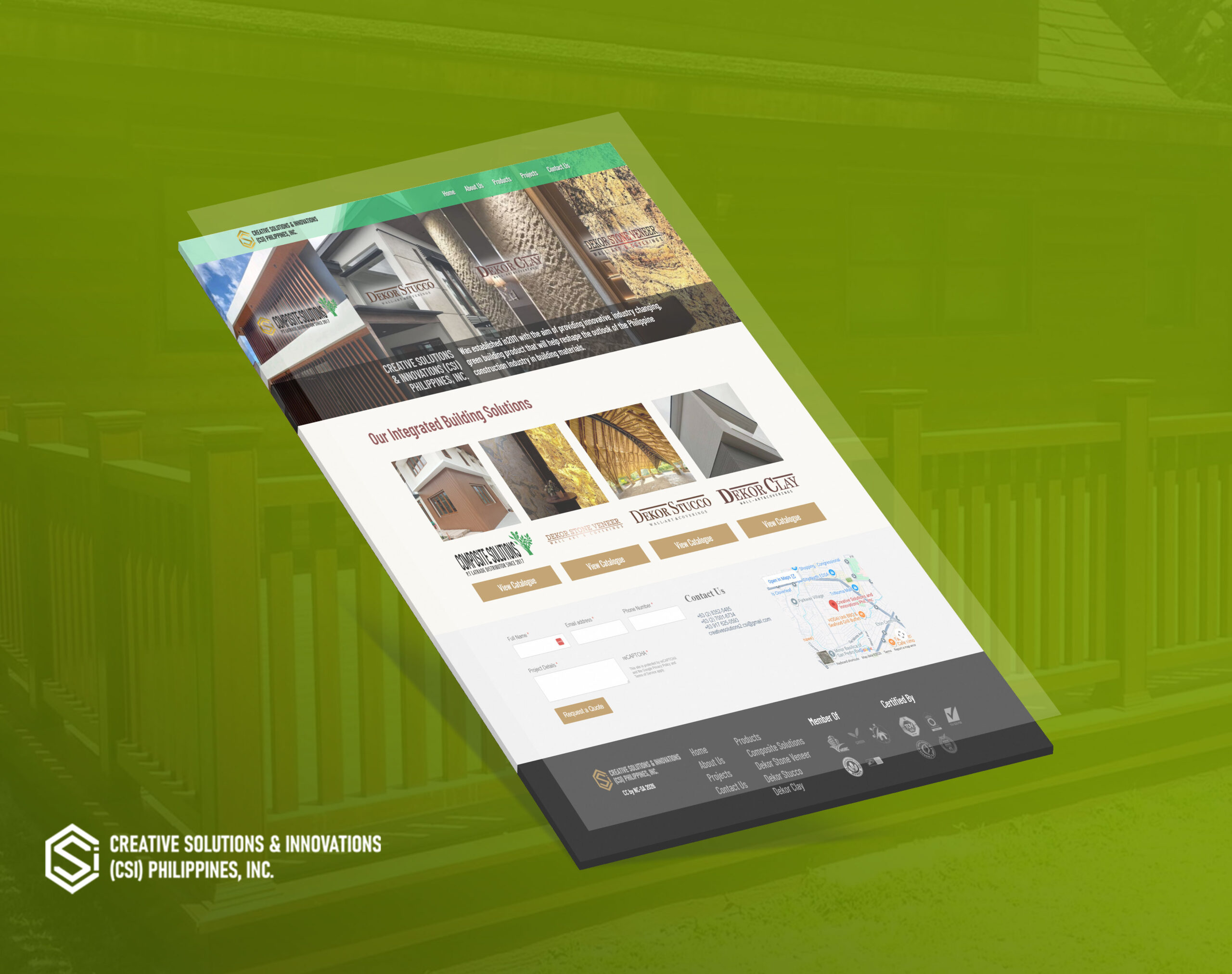 A tilted screenshot of a website for Creative Solutions and Innovations (CSI) Philippines, Inc., showcasing building products like biowood, dekor stucco, and dekor clay against a blurred green background.