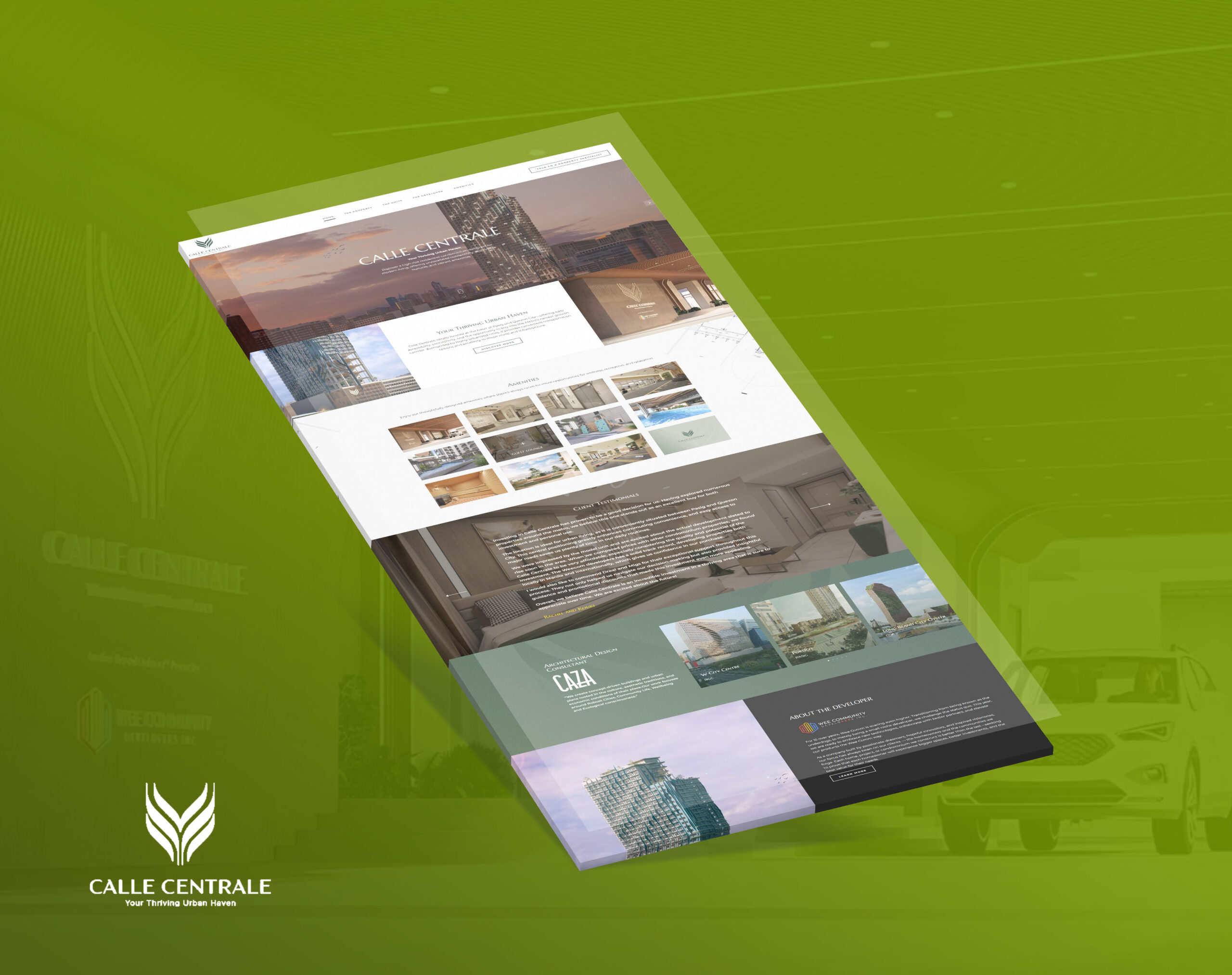 An angled view of the Calle Centrale website displayed on a green background.
