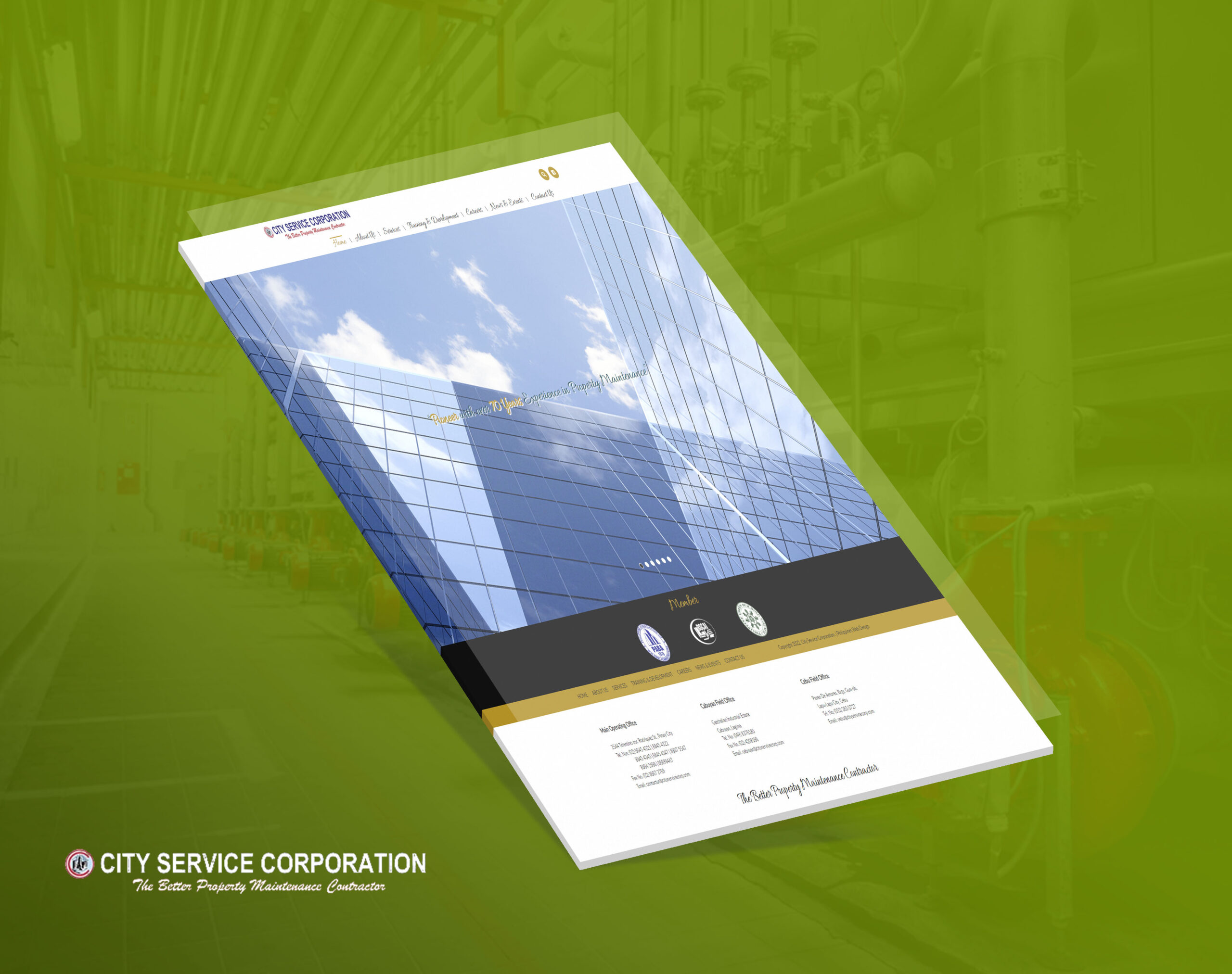 A tilted screenshot of a website for City Service Corporation, featuring a blue skyscraper graphic and text about property maintenance against a green-toned industrial background.