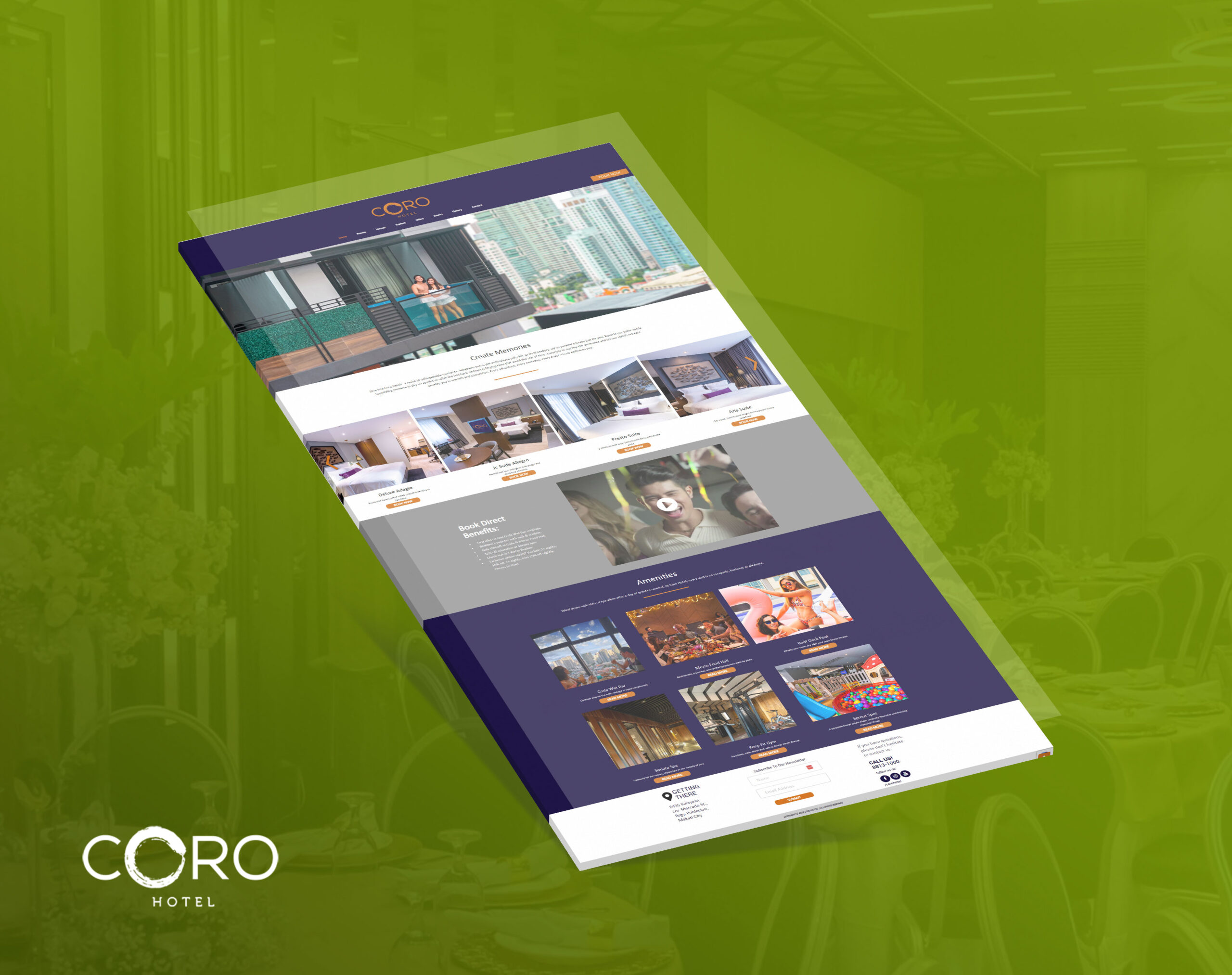 A 3D perspective mockup of the Coro Hotel website against a green-tinted background.