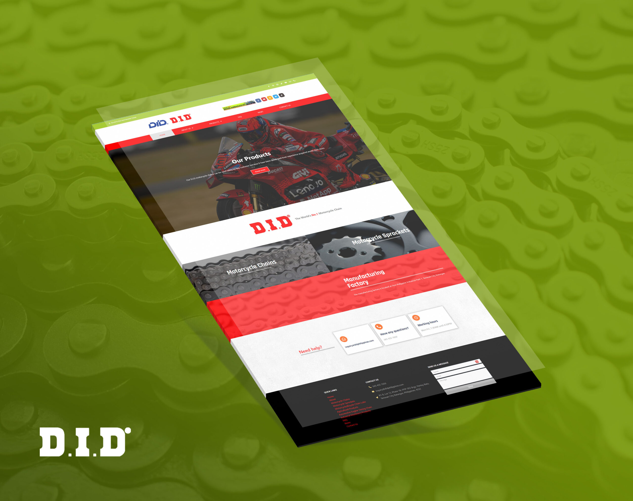 A digital display of the DID Philippines website, showcasing motorcycle chains, sprockets, and manufacturing with a green chain link background.