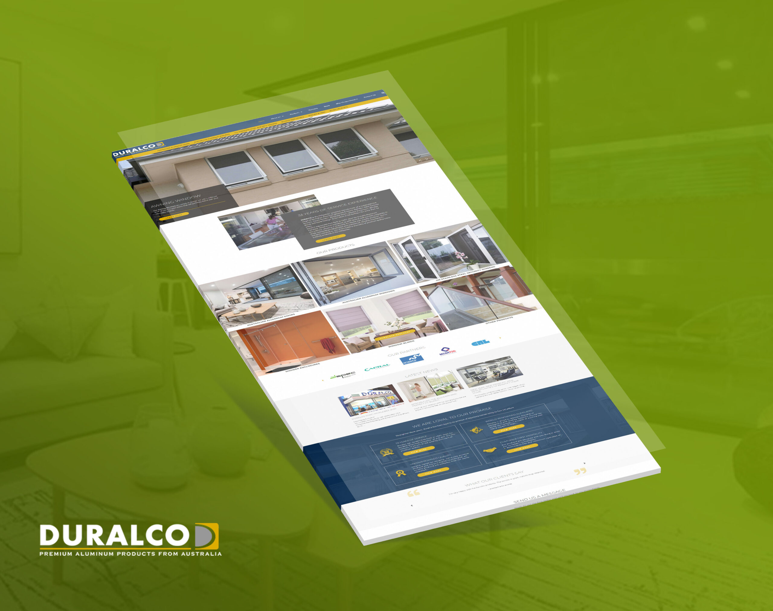 A tilted mockup of the Duralco website displayed against a solid green background, showing various aluminum products, windows, and company information.