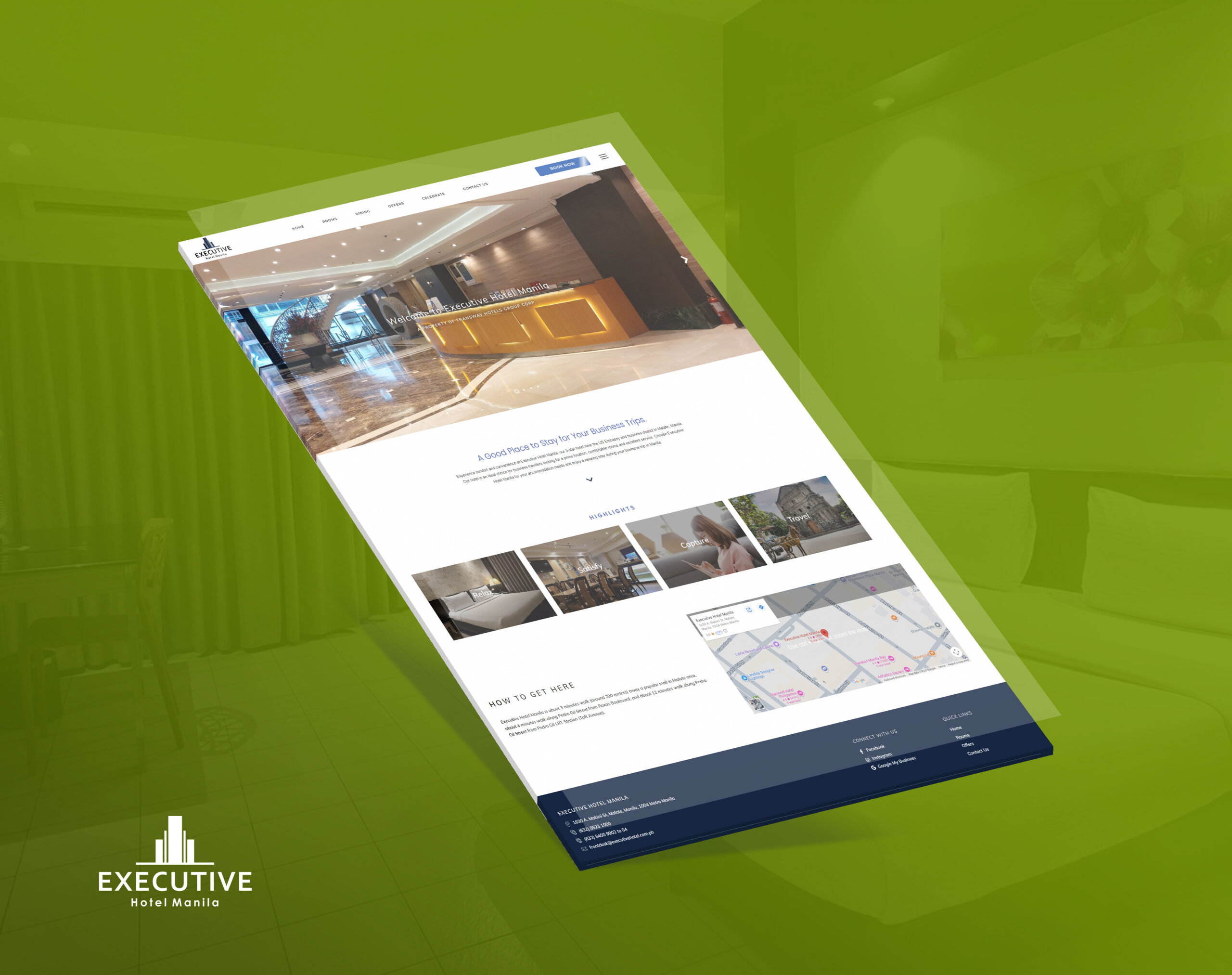 A slanted screenshot of the Executive Hotel Manila website, showcasing the homepage with a photo of the lobby, highlights, and a map against a green background.