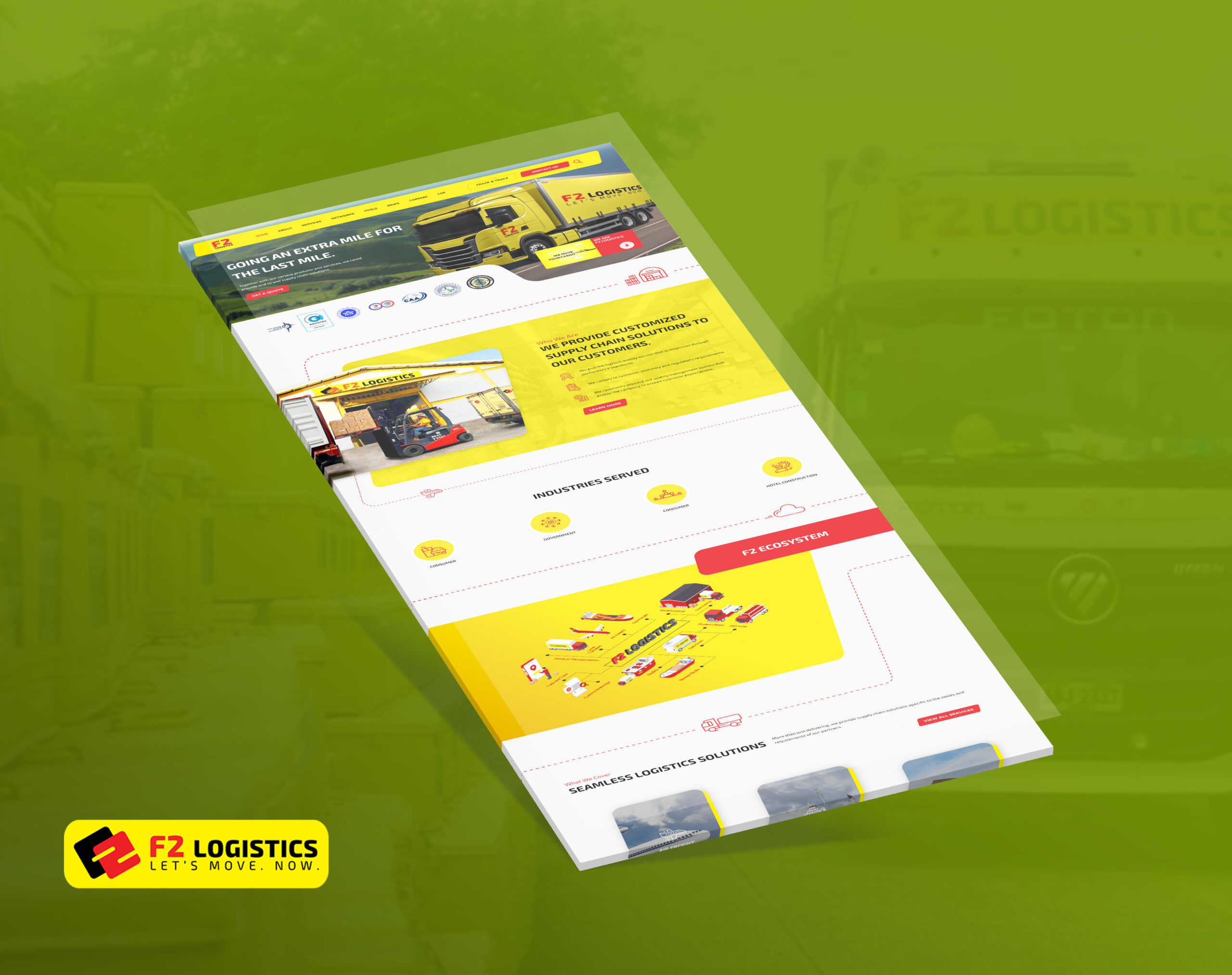 A diagonal mock-up of the F2 Logistics website homepage, showcasing its yellow and white branding, a banner with a yellow truck, and sections for supply chain solutions and industries served against a solid green background.