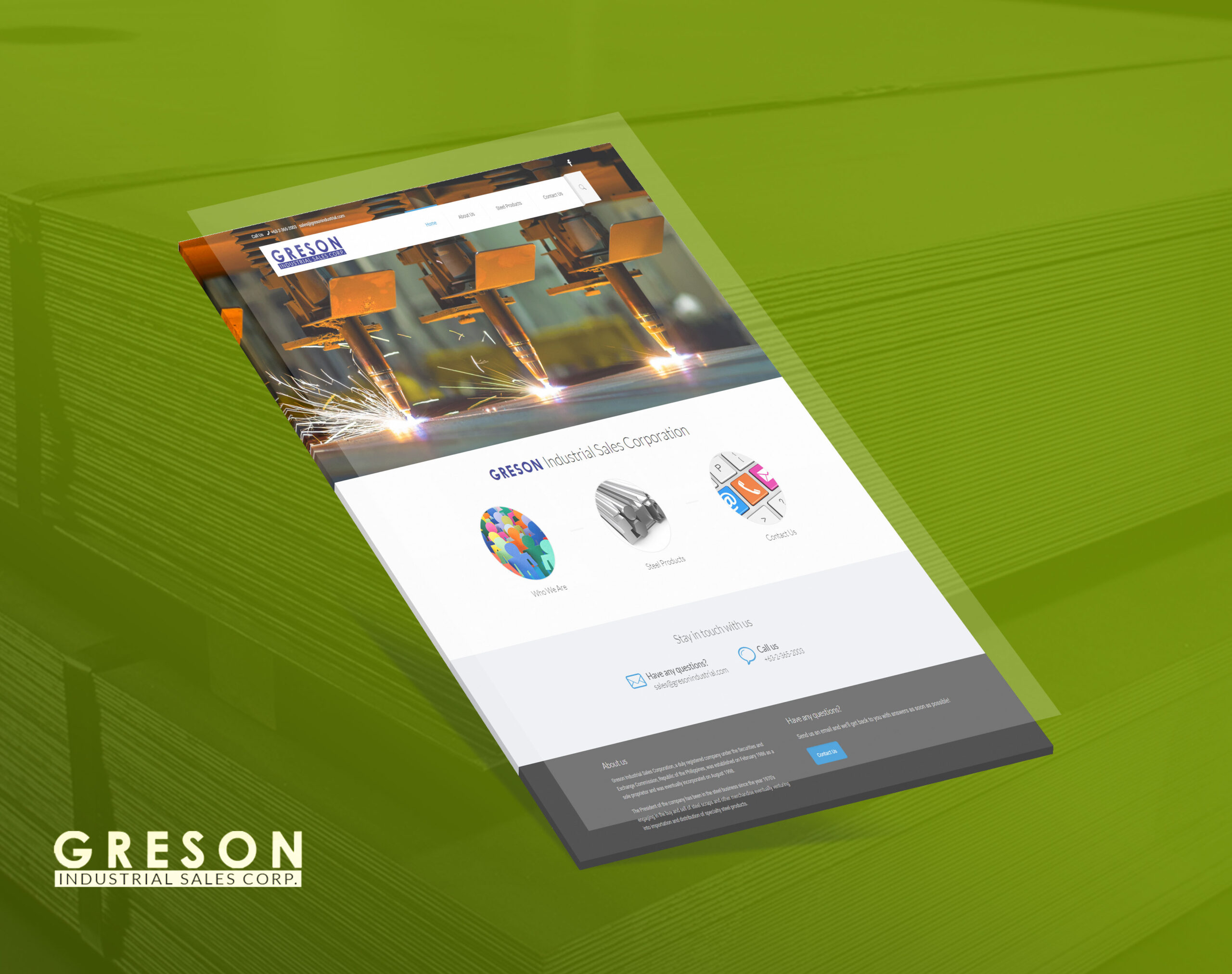 A tilted mockup of the Greson Industrial Sales Corp website featuring a header with welding equipment, sections for company info and steel products, and contact details against a green background.