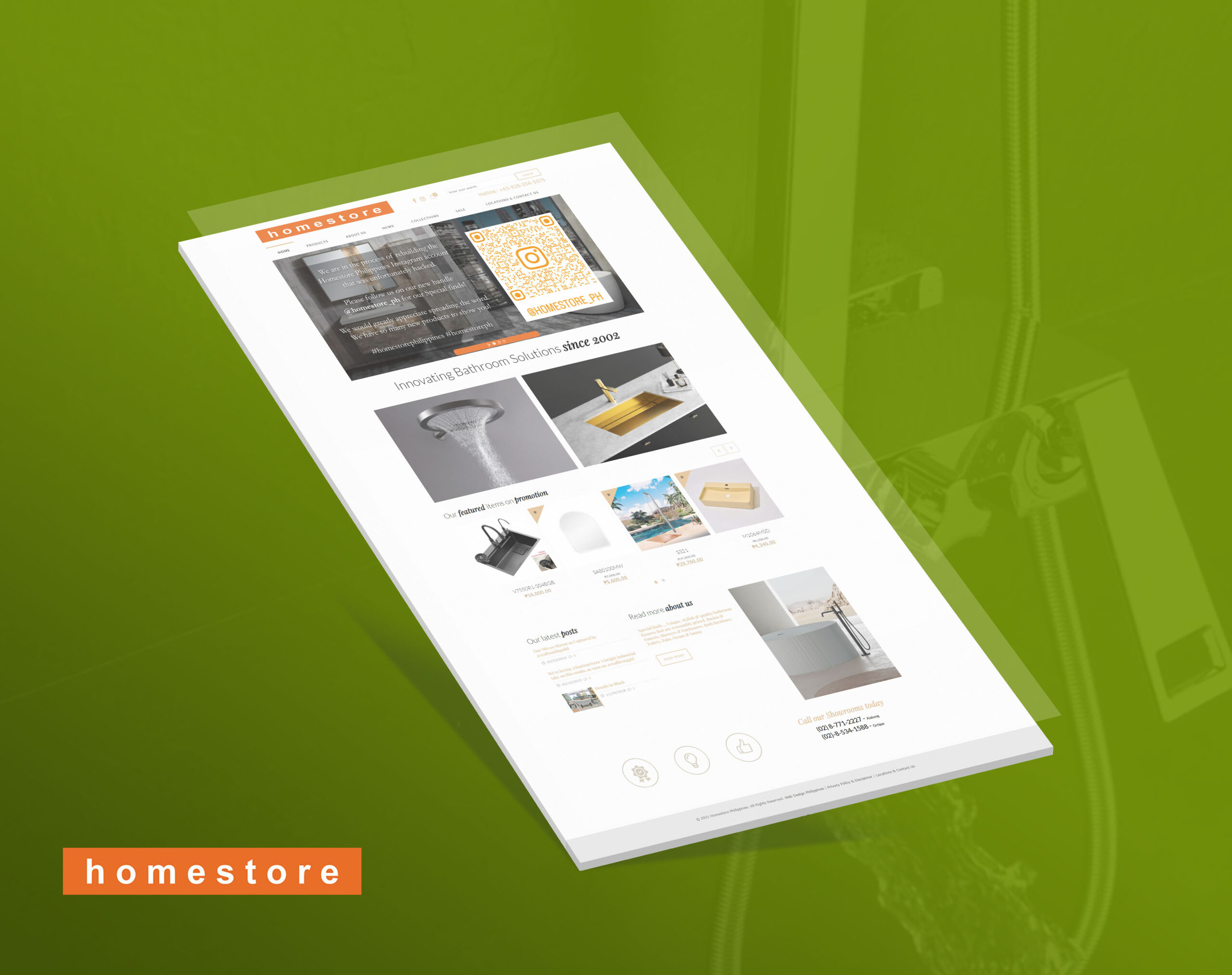 A 3D perspective mockup of the Homestore website homepage against a solid green background, displaying sections for bathroom solutions, promotional items, and showroom contact details.