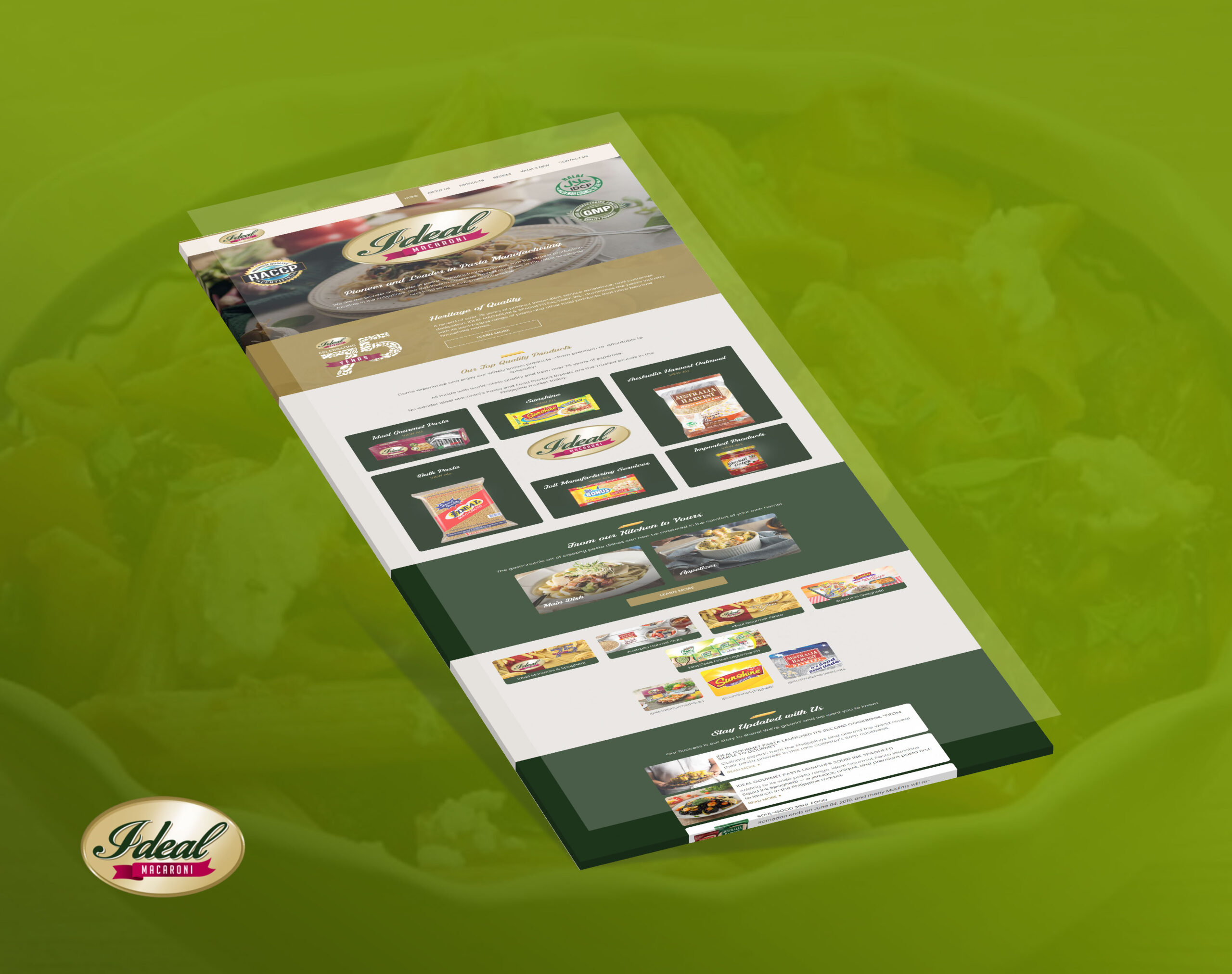 A webpage for Ideal Macaroni is displayed on a translucent, angled screen over a green background with a logo in the bottom left corner.