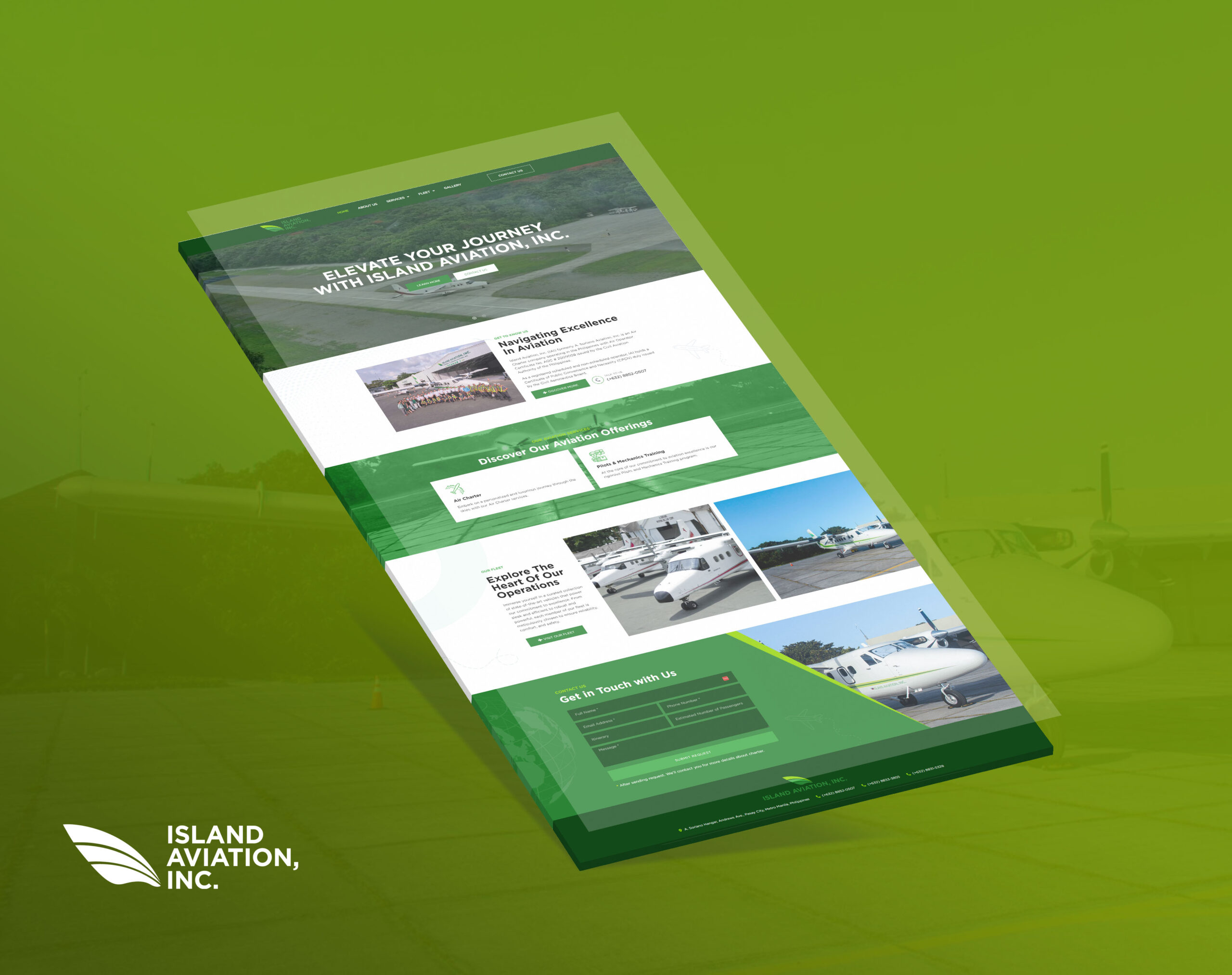 Website mockup for Island Aviation, Inc. featuring aircraft and services.