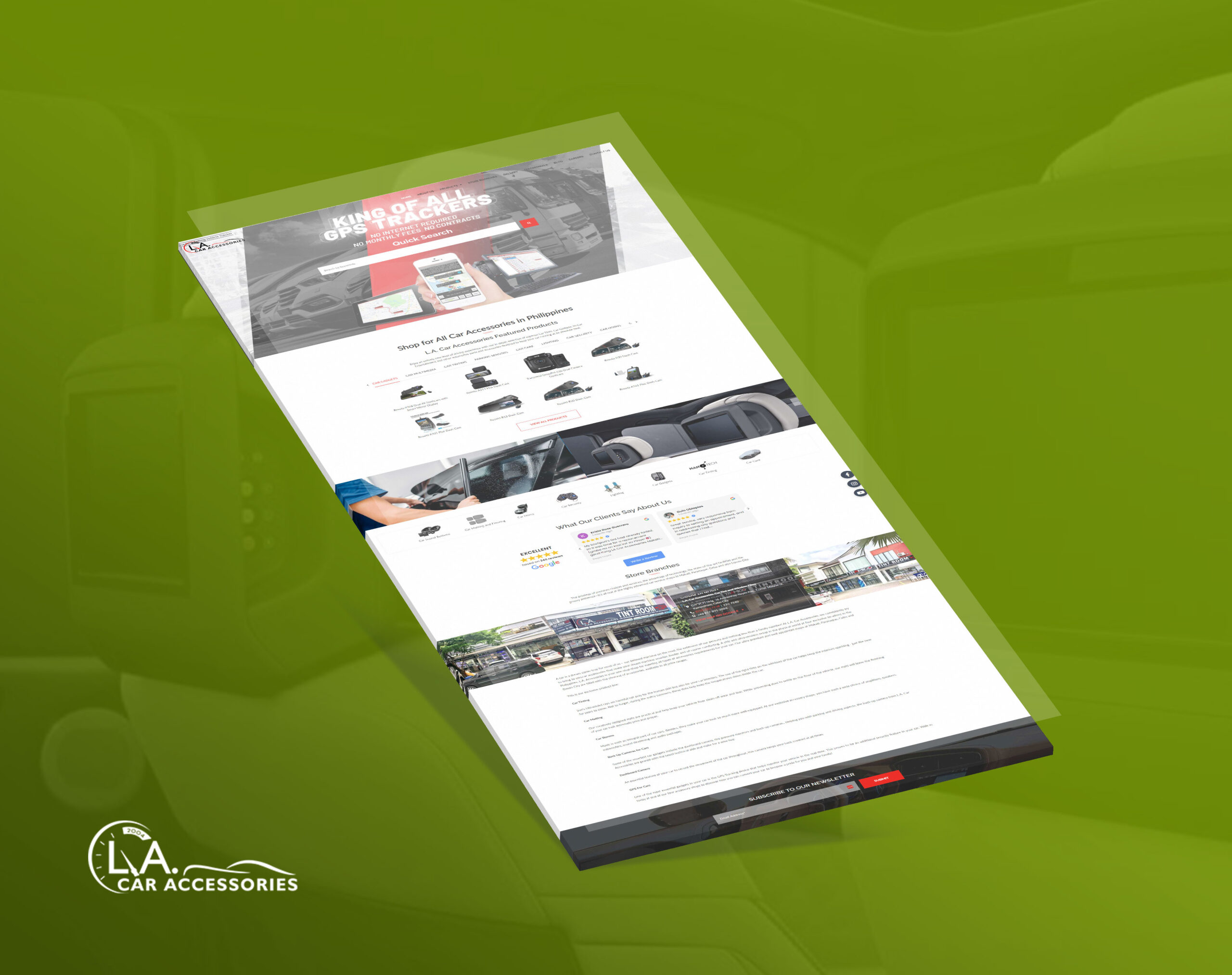 A mockup of the LA Car Accessories website is displayed at an angle against a green background.