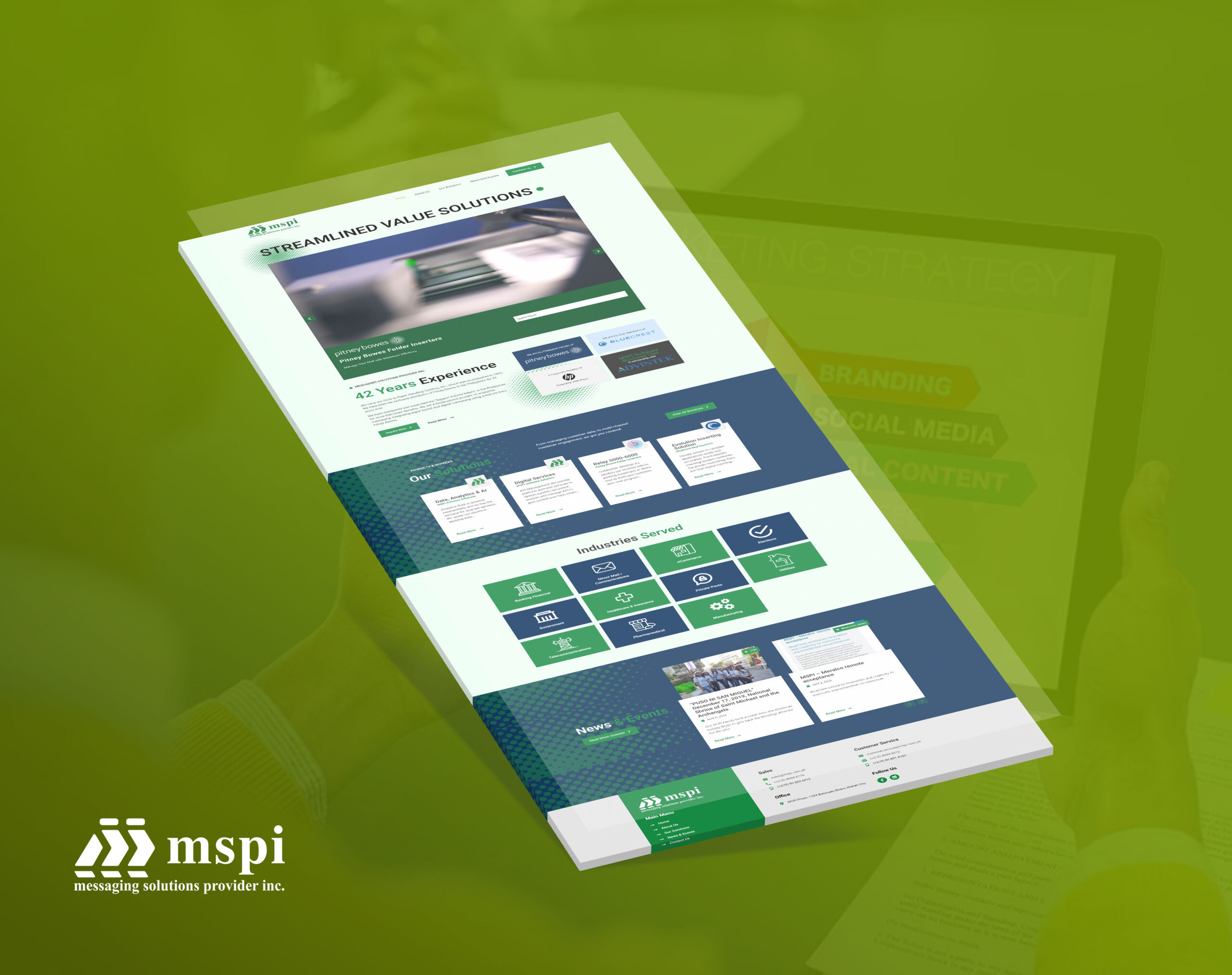 A printed layout of the MSPI website, titled Streamlined Value Solutions, featuring company experience, solutions, industries served, and news on a green background.