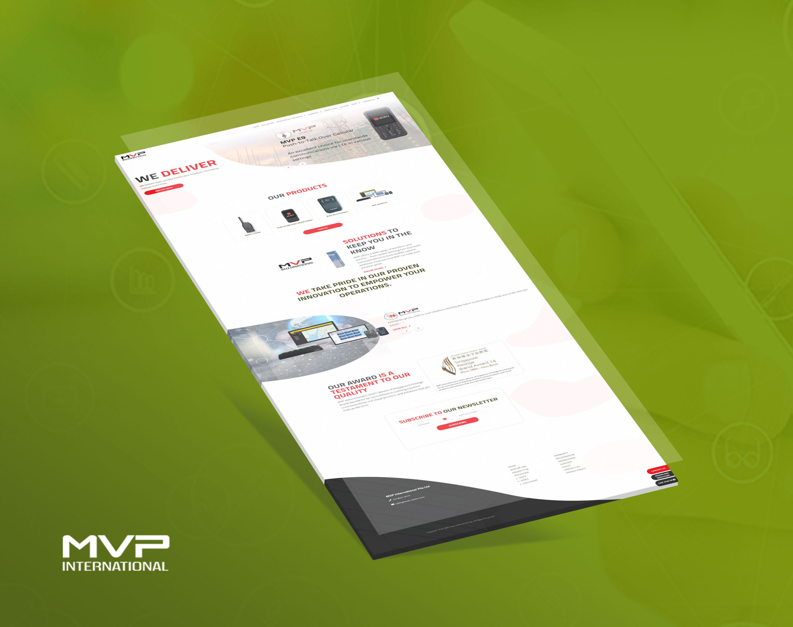 A mockup of the MVP International website displayed diagonally on a green background.
