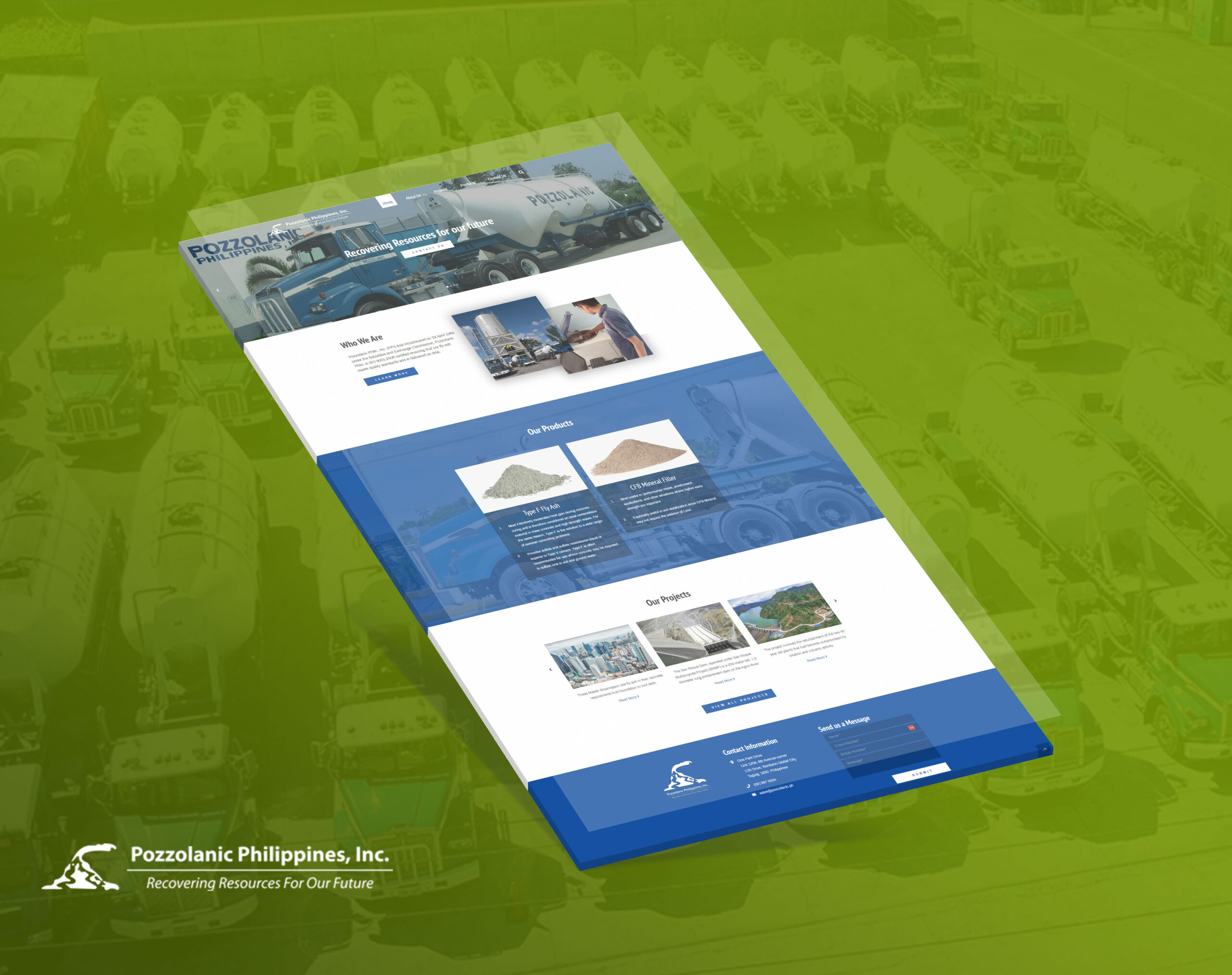 A mockup of the Pozzolanic Philippines Inc. website, showcasing its products, projects, and contact info, presented on a green-tinted background of cement trucks.