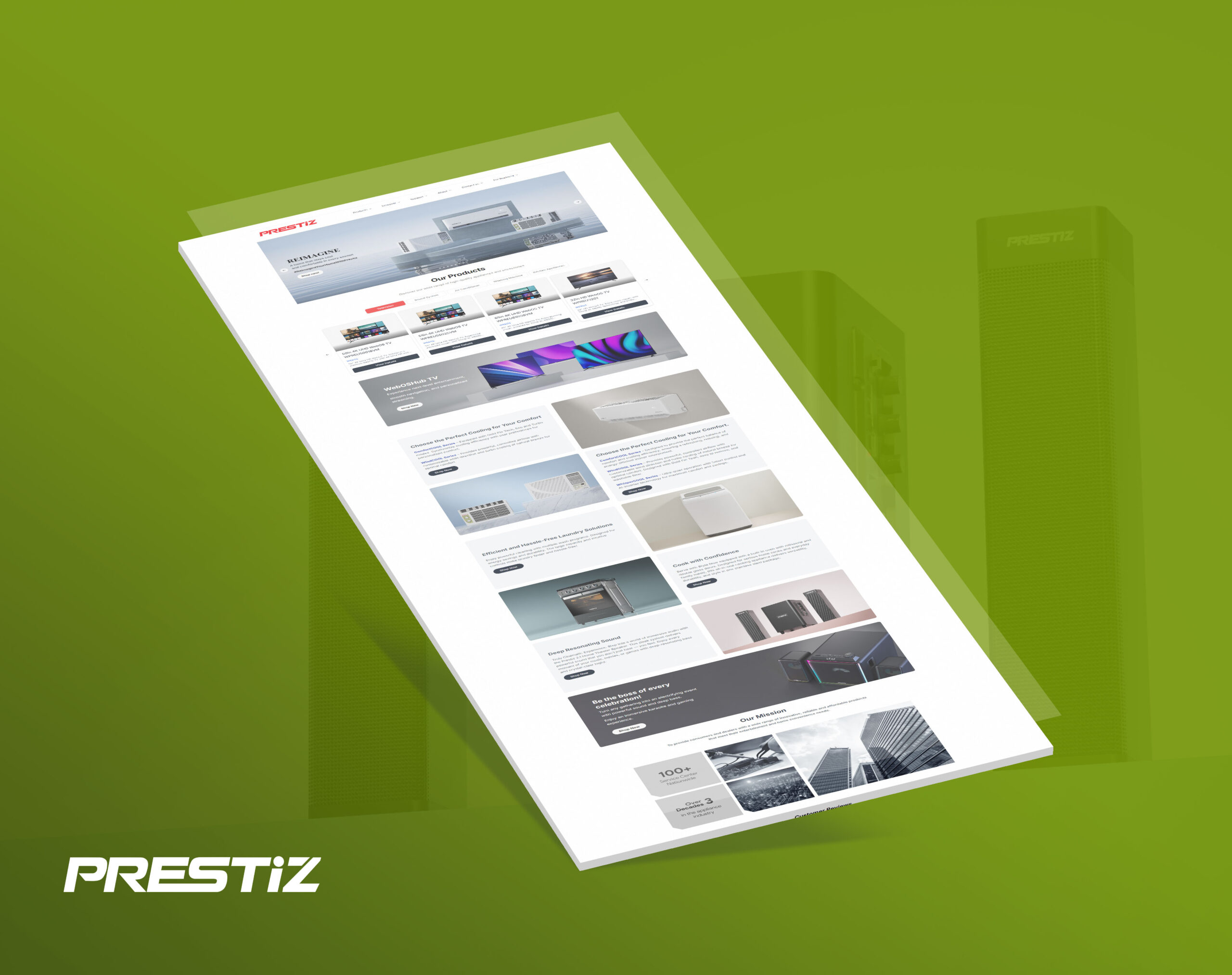 A perspective shot of the Prestiz website homepage displayed on a white mockup, set against a solid green background with the brand logo in the bottom left corner.