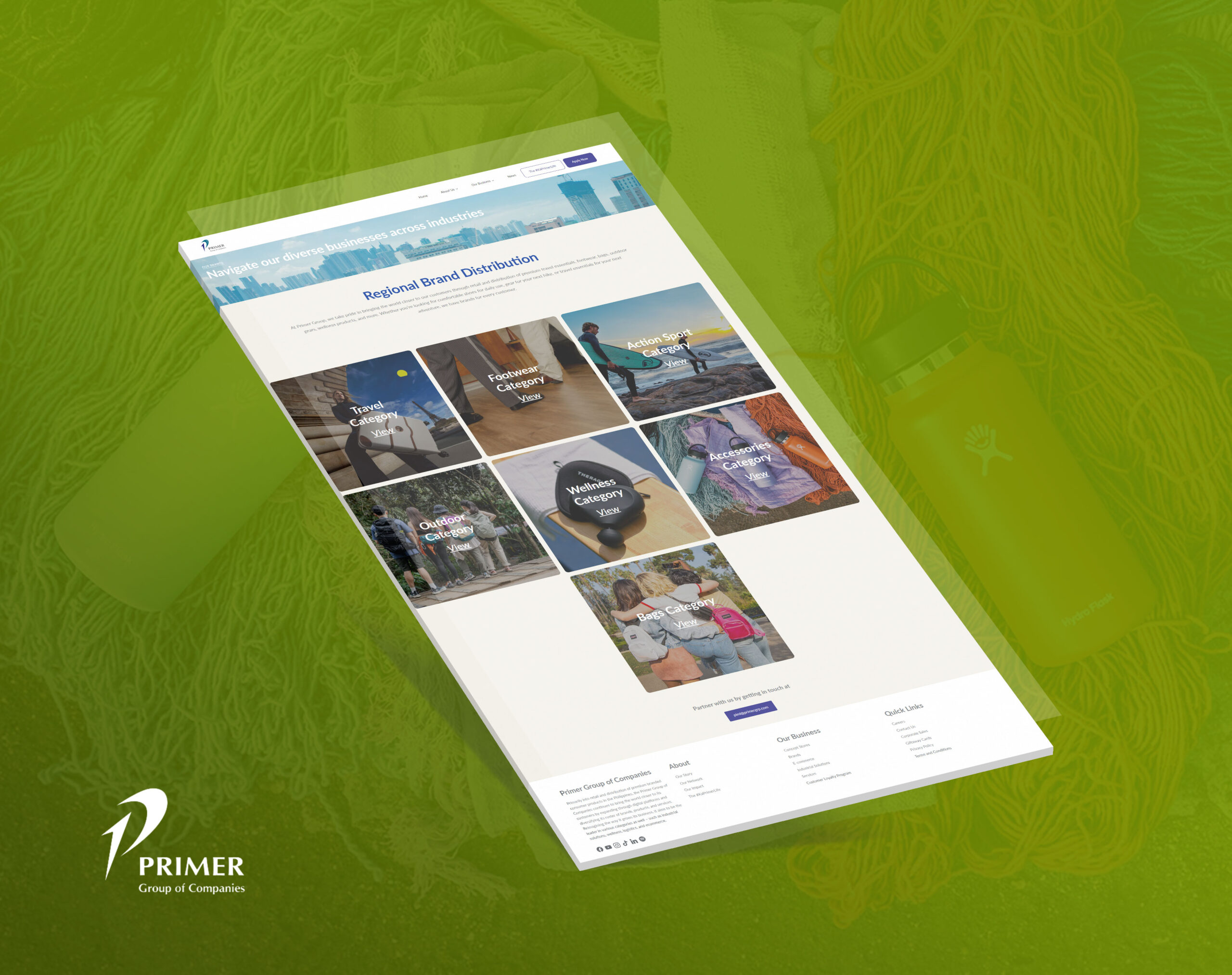 A website homepage for Primer Group showcasing various product categories such as travel, footwear, action sports, wellness, accessories, outdoor, and bags.