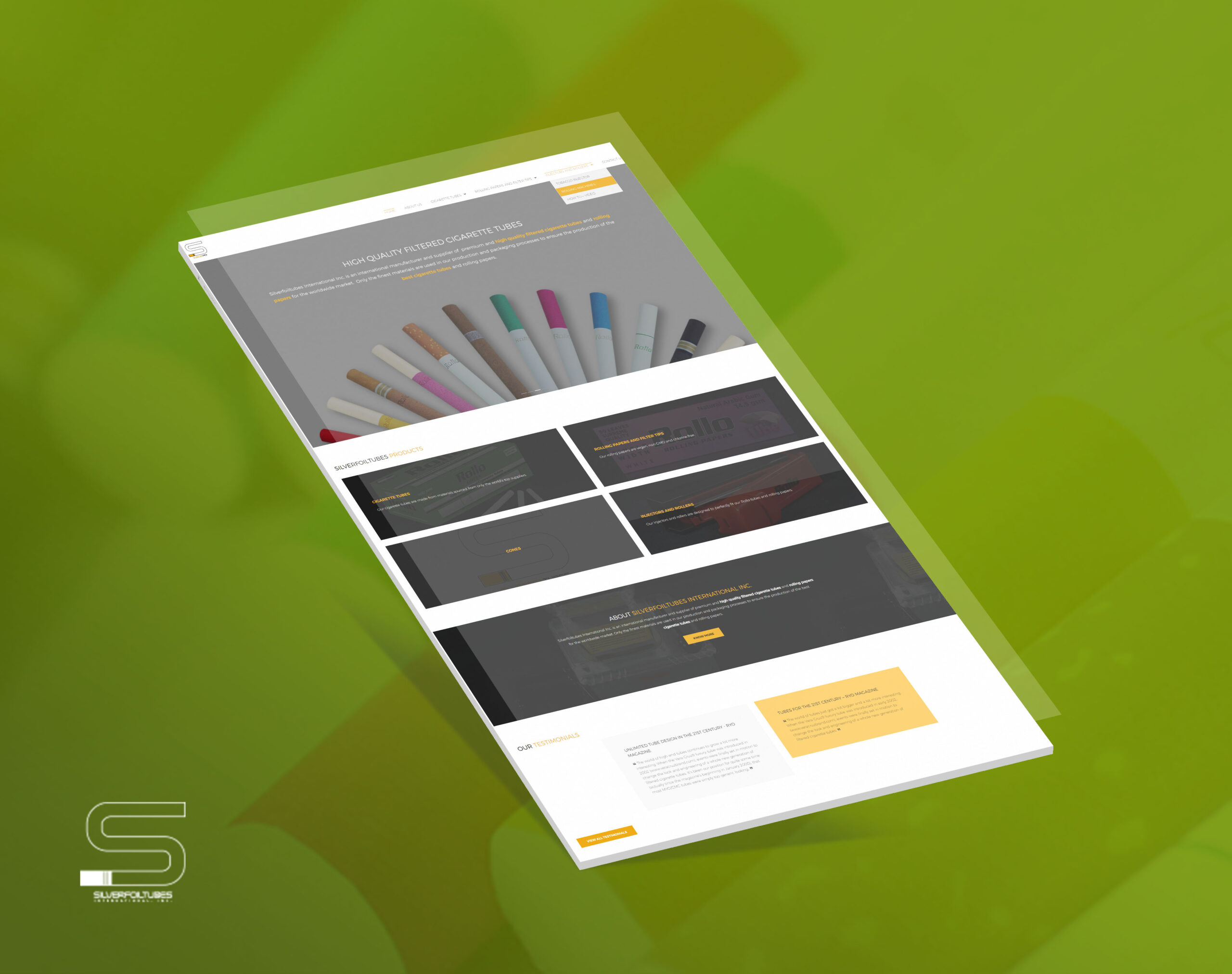 A tilted, angled screenshot of the Silverfoiltubes homepage displayed against a green background.